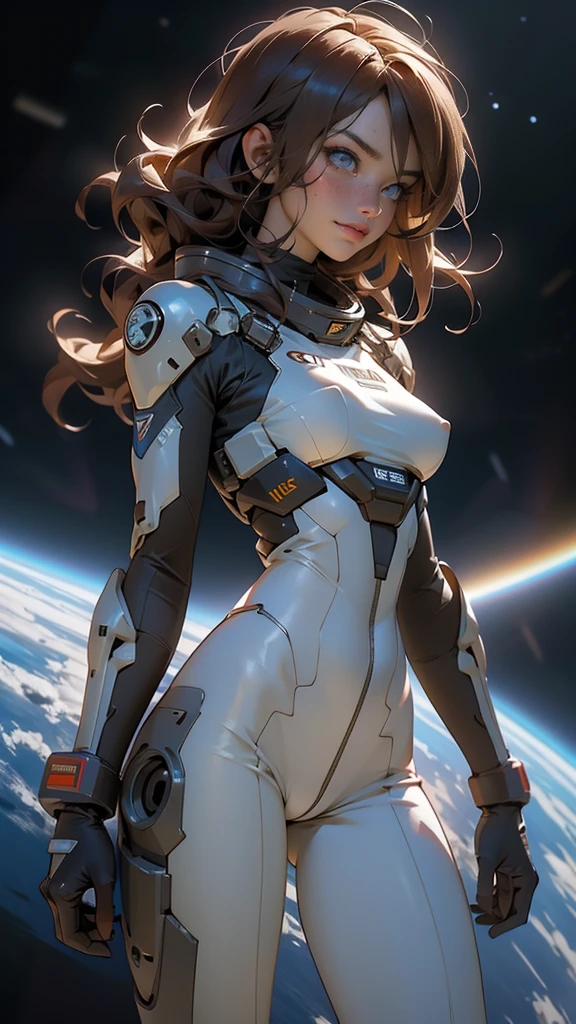 Side view,,gritty hair fit body massive breasts (protuding erect nipples) slim thighs slim waist pilot suit alone, smiling looking at the viewer. in space long hair blushing determination, 8k, Detalle extremo,More detailed 8K.motor irreal:1.4,UHD,La mejor calidad:1.4, fotorrealista:1.4, textura de la piel:1.4, obra maestra:1.8,obra-prima, mejor calidad,objeto Objeto], (detailed face features:1.3),(Traje de piloto:1.4)