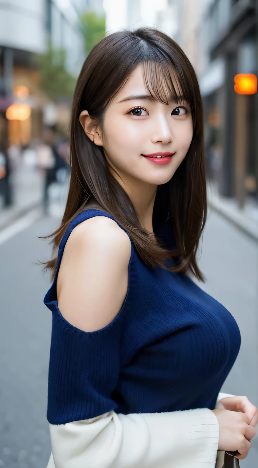 Japanese woman wearing a blue high-necked sweater,Tabletop,highest quality,shape,Very detailed,finely,High resolution,8k wallpaper,Perfect dynamic composition,((Big Breasts)),Accentuated breasts,Big Breasts,Beautiful and beautiful eyes,Medium Hair,Natural color lip,Random sexy poses,smile,Aoyama Street Walk,26 year old girl