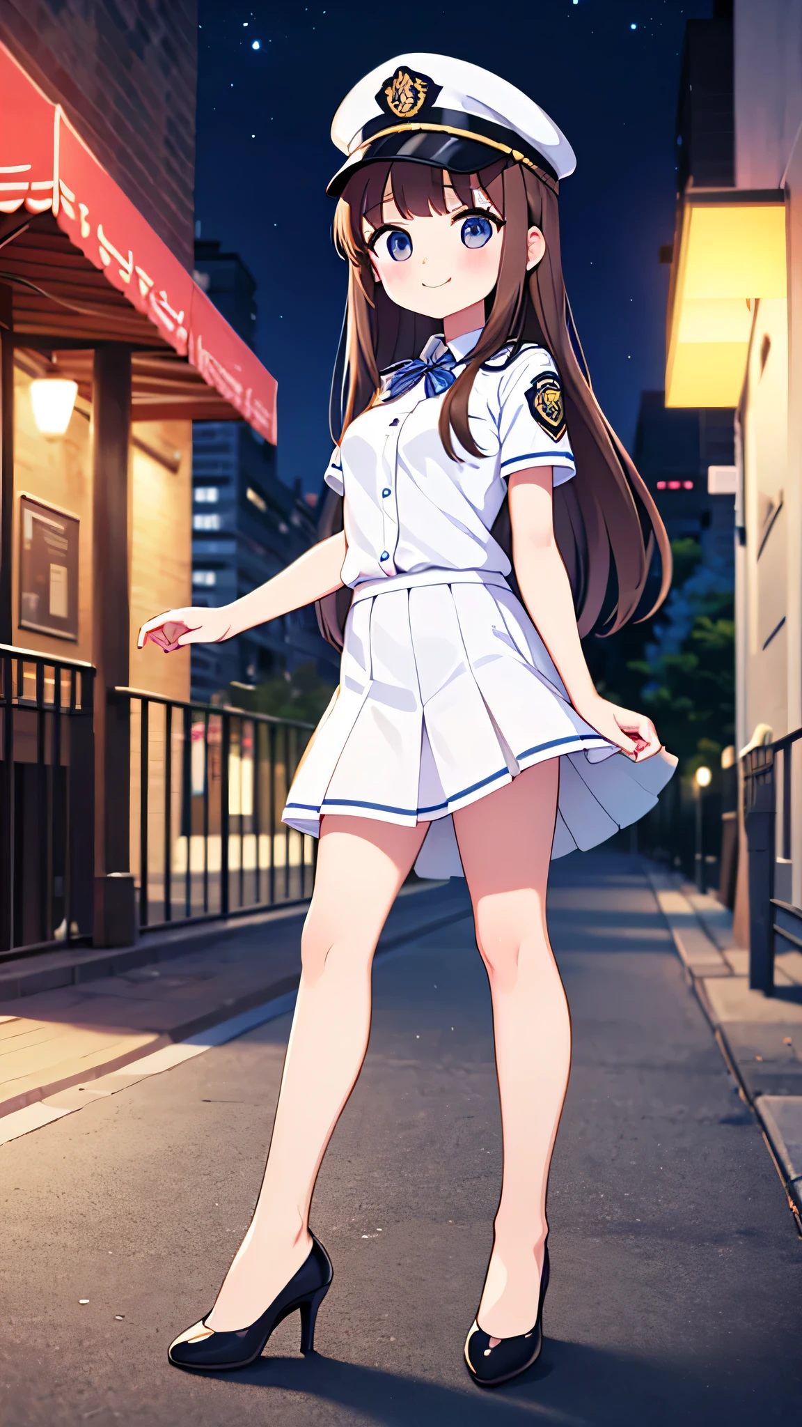 {highest quality], [Super beautiful], [Ultra fine], [Best illustration], NSFW,Brown Hair, Hime cut, Long Hair, With bangs, girl, Uniform cap,Security uniform, smile, blush, Slender women,Short sleeve,Long straight skirt, Adult women,walk,(Public）Night Park, diagonal,Bare feet and pumps, Plain black pumps
