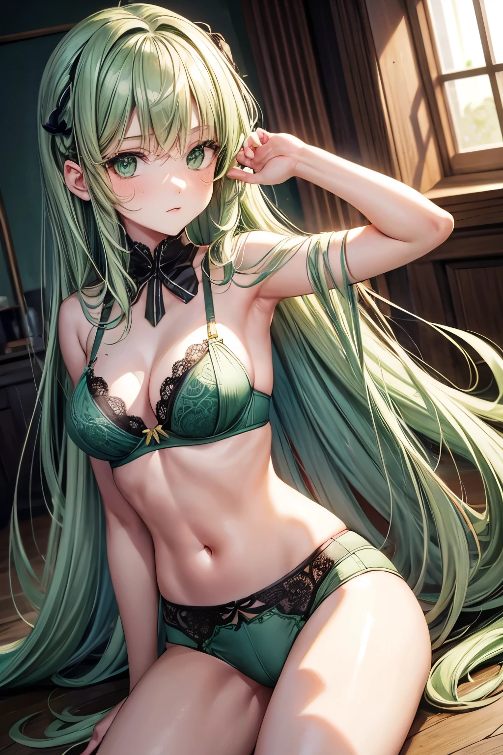 Long green hair,green eyes,,little girl,Three point bra, briefs