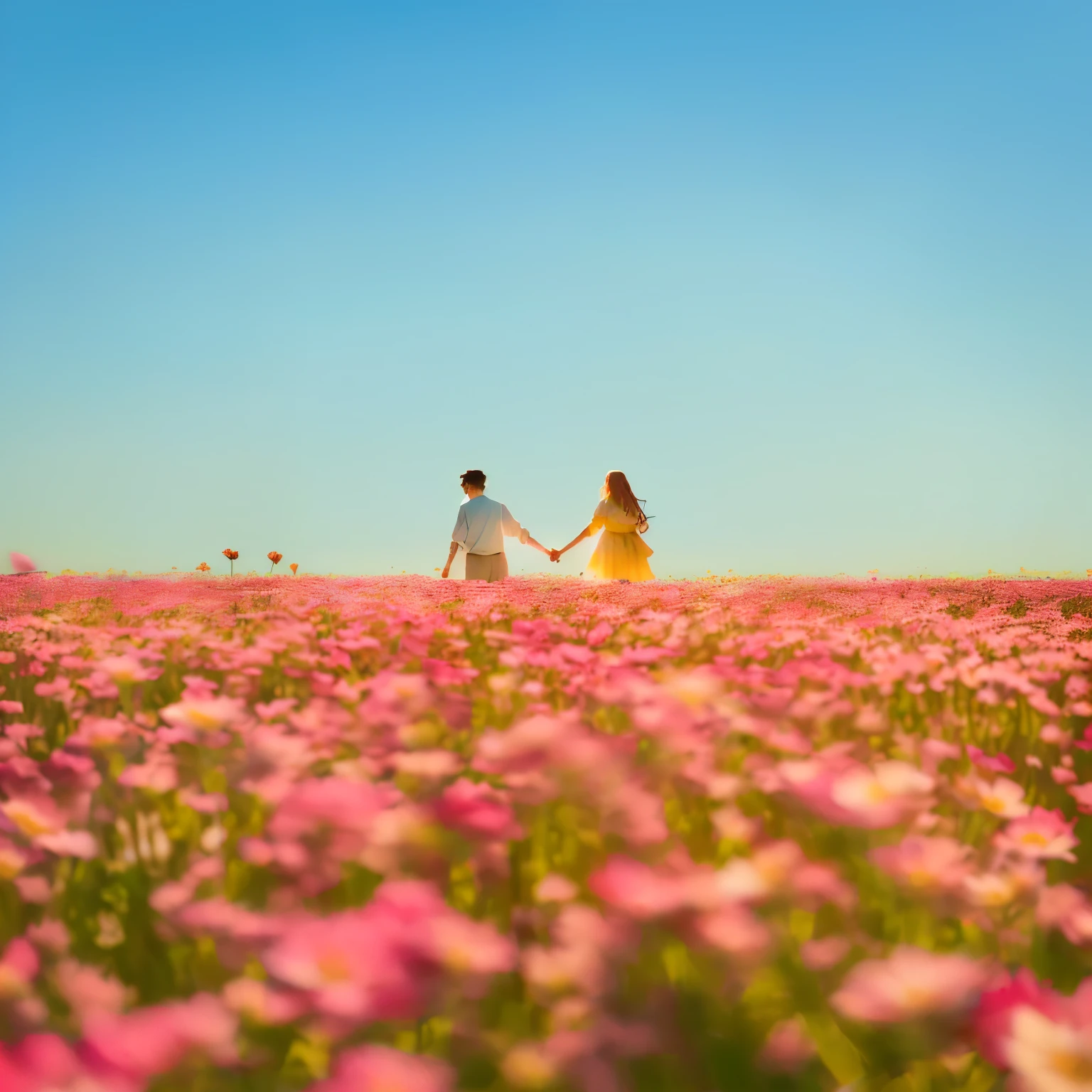 a couple holding hands in a field of flowers, standing in a flower field, standing in flower field, in a field of flowers, standing in a field with flowers, an aesthetic field of flowers, in a field with flowers, flower field, girl walking in a flower field, flower fields, field of pink flowers, sitting in a field of flowers, fields of flowers