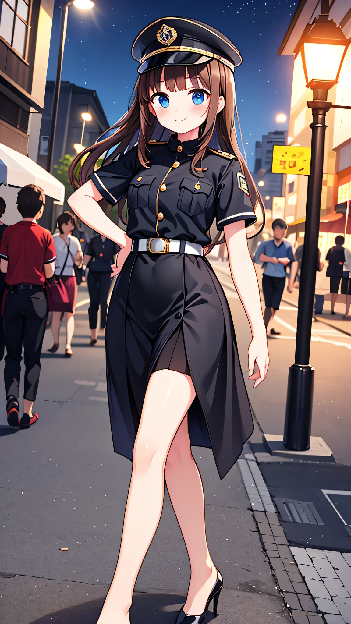 {highest quality], [Super beautiful], [Ultra fine], [Best illustration], NSFW,Brown Hair, Hime cut, Long Hair, With bangs, girl, Uniform cap,Security uniform, smile, blush, Slender women,Short sleeve,Long straight skirt, Adult women,walk,(Public）Night Park, diagonal,Bare feet and pumps, Plain black pumps
