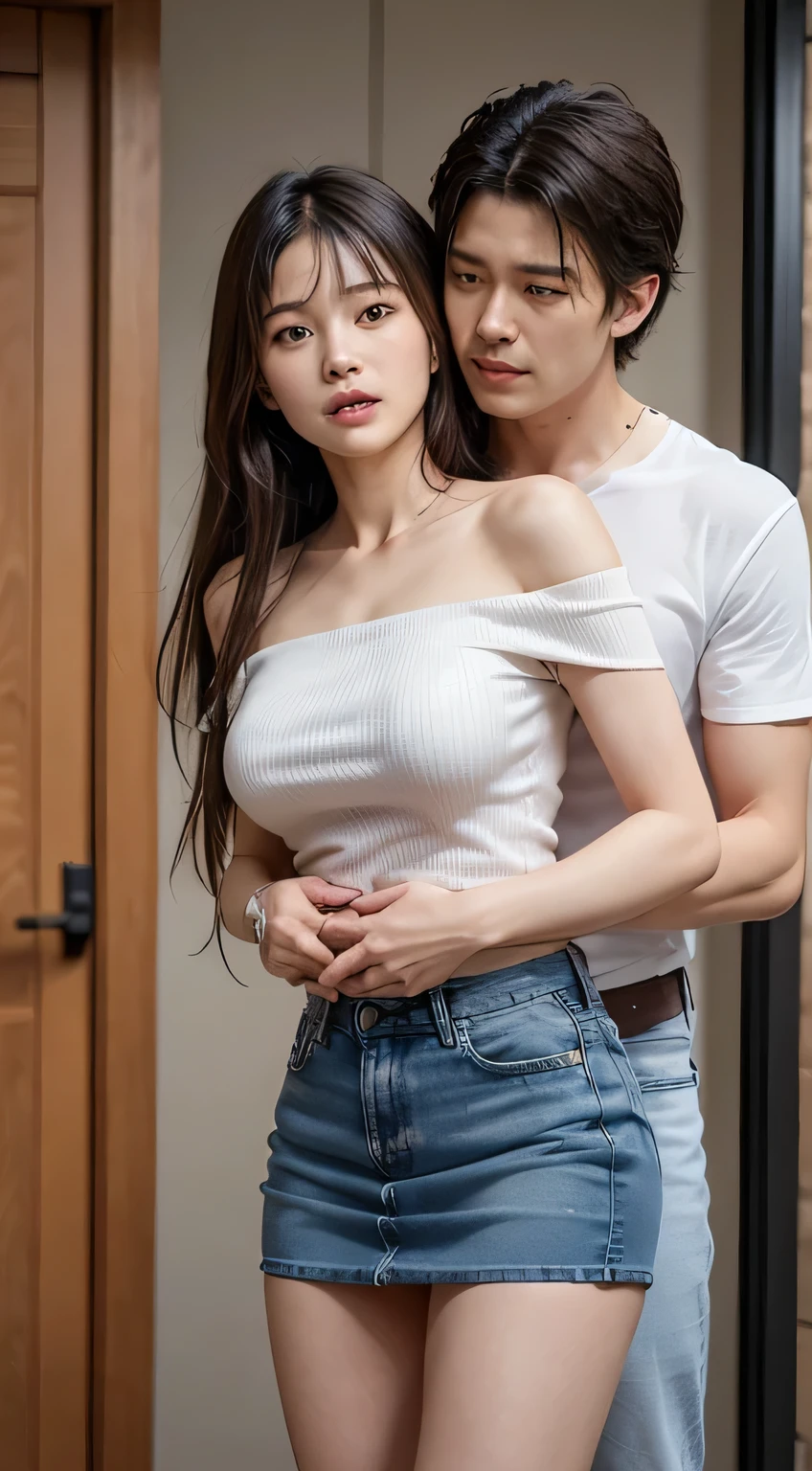 masterpiece,highest quality,Advanced Details,1 male,1 female,((Vacant rooms:1.4))、((Japanese woman with straight medium-long hair:1.4)),18-year-old female:1.7、((A woman wearing a white open-front short-sleeved off-the-shoulder shirt and a denim miniskirt:1.4)),Japanese middle-aged 1 male,Man with short black hair,That man is very handsome,((A man grabs a woman by both shoulders:1.4)),That woman is short,The man is tall,Reflects the height difference between men and women、The man is 175cm tall.,((They are both standing in the Vacant Rooms:1.5))、Women play a leading role、Women are skinny,Small breasted women、