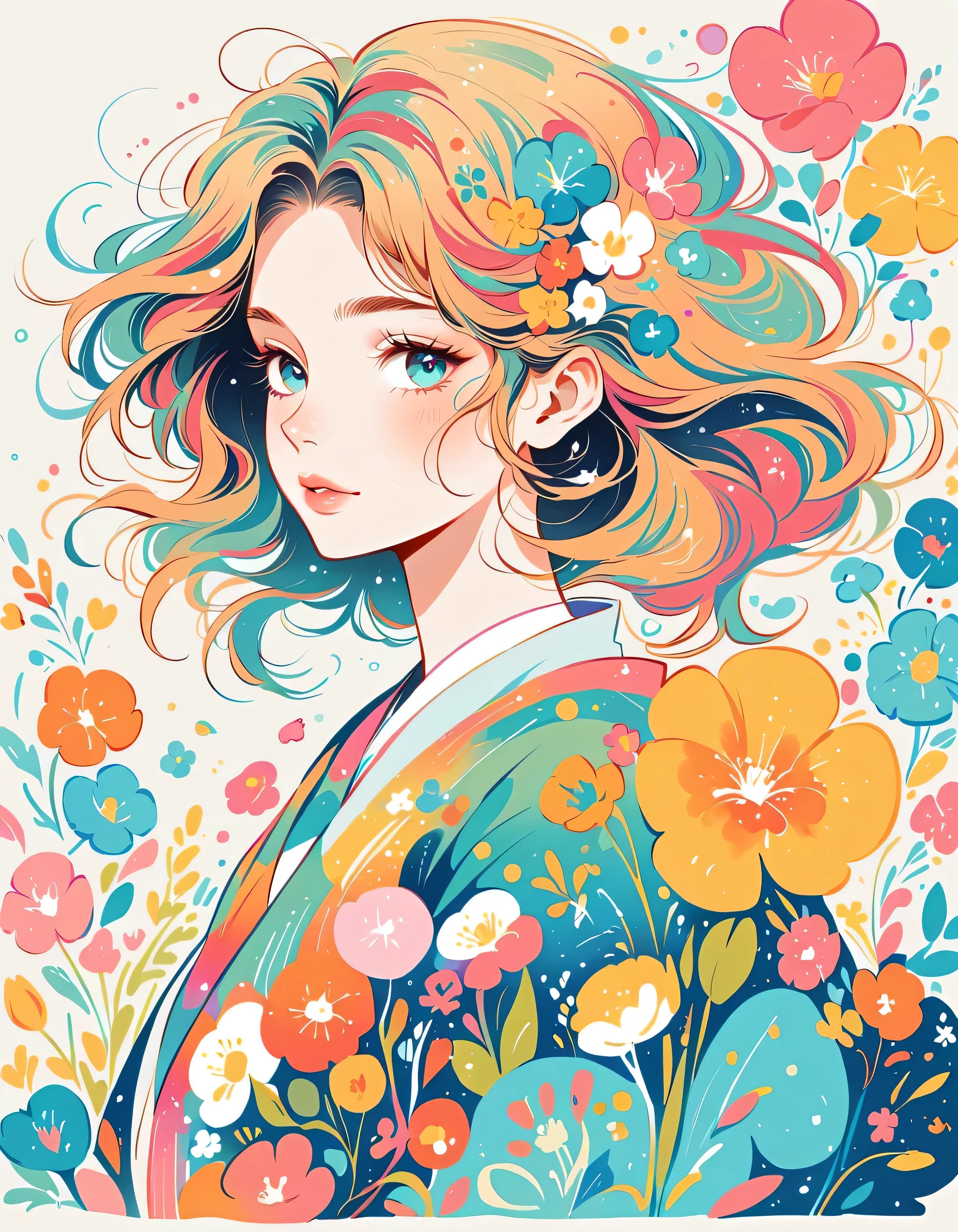 Takashi Murakami style、The most beautiful girl of all time、Lips in Love、Colorful flowers、Simple line initials、Abstract art、Urban Background, walking