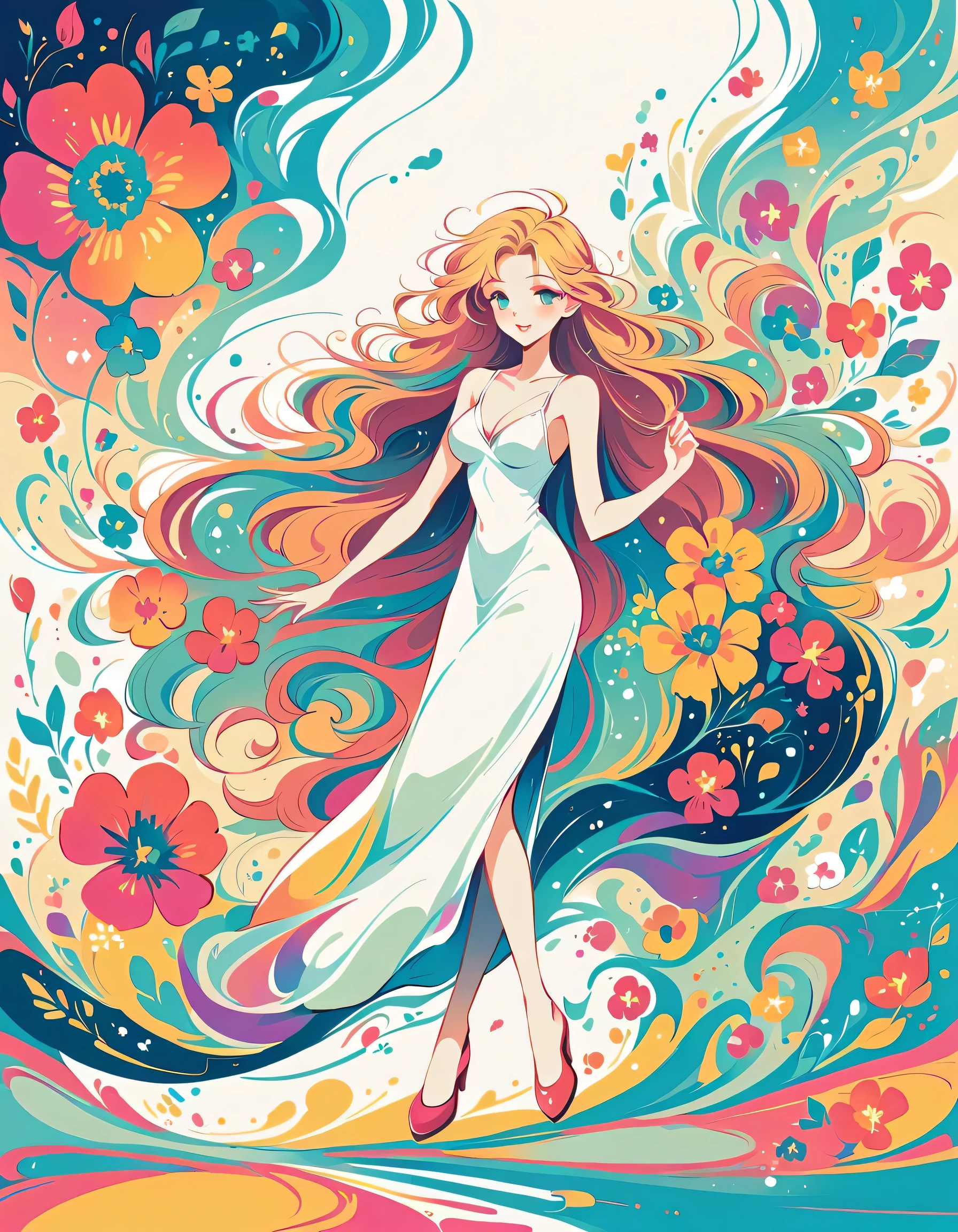 Takashi Murakami style、The most beautiful girl of all time、Lips in Love、Colorful flowers、Simple line initials、Abstract art、Urban Background, walking