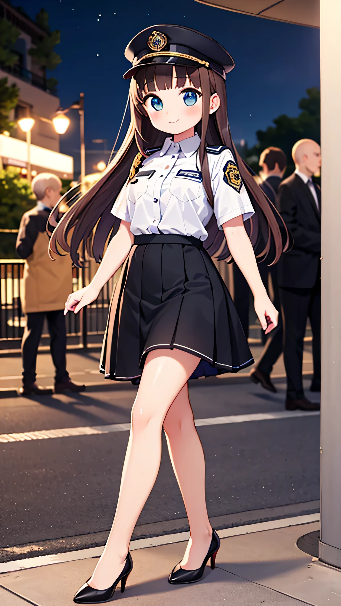 {highest quality], [Super beautiful], [Ultra fine], [Best illustration], NSFW,Brown Hair, Hime cut, Long Hair, With bangs, girl, Uniform cap,Security uniform, smile, blush, Slender women,Short sleeve,Long straight skirt, Adult women,walk,(Public）Night Park, diagonal,Bare feet and pumps, Plain black pumps
