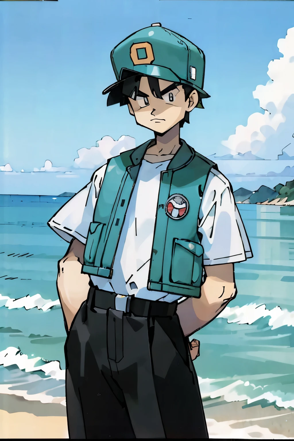 by Ken Sugimori, sugimori 1990s, ((only 1man)), vest, hat, background ocean, ((hands behind their back)), full black pupils, manga, best quality, highly detailed, clean lines, cowboy shot, good hands, good eyes, hd, 8k, professional, symmetrical, hires, 8k,