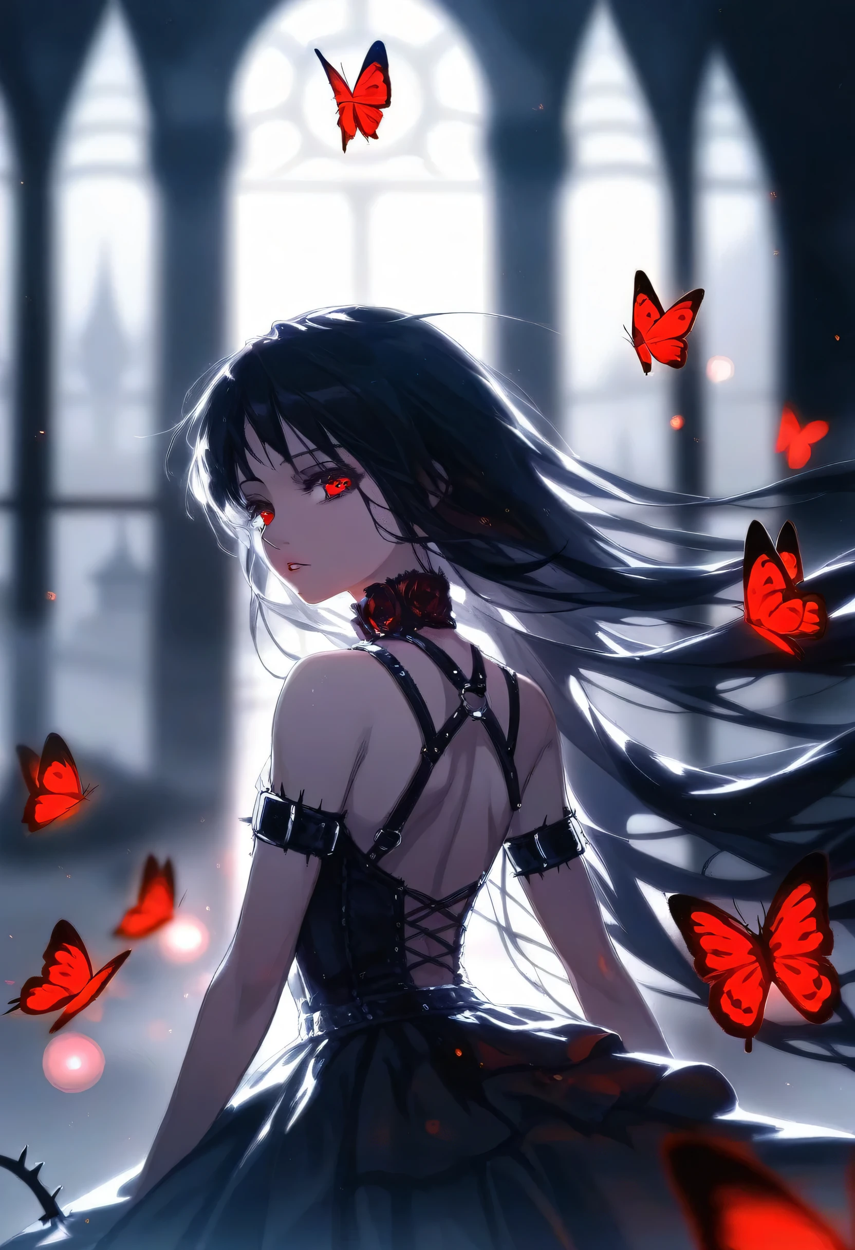 year 2023,1girl,solo,red and black theme,strong picture,dark,upper body,
side_face,sad,parted_lips,looking back,floating hair,lacey black dress, open back, straps, ,bondage, bare shoulders,delicate and beautiful
eye,gothic_ta,black rose,thistles and thorns,
flora,fog,red butterfly,underlighting,bokeh,blurry background,
castle in background,
strong visual impact,film lighting,from side, spooky, eerie, moody, gritty