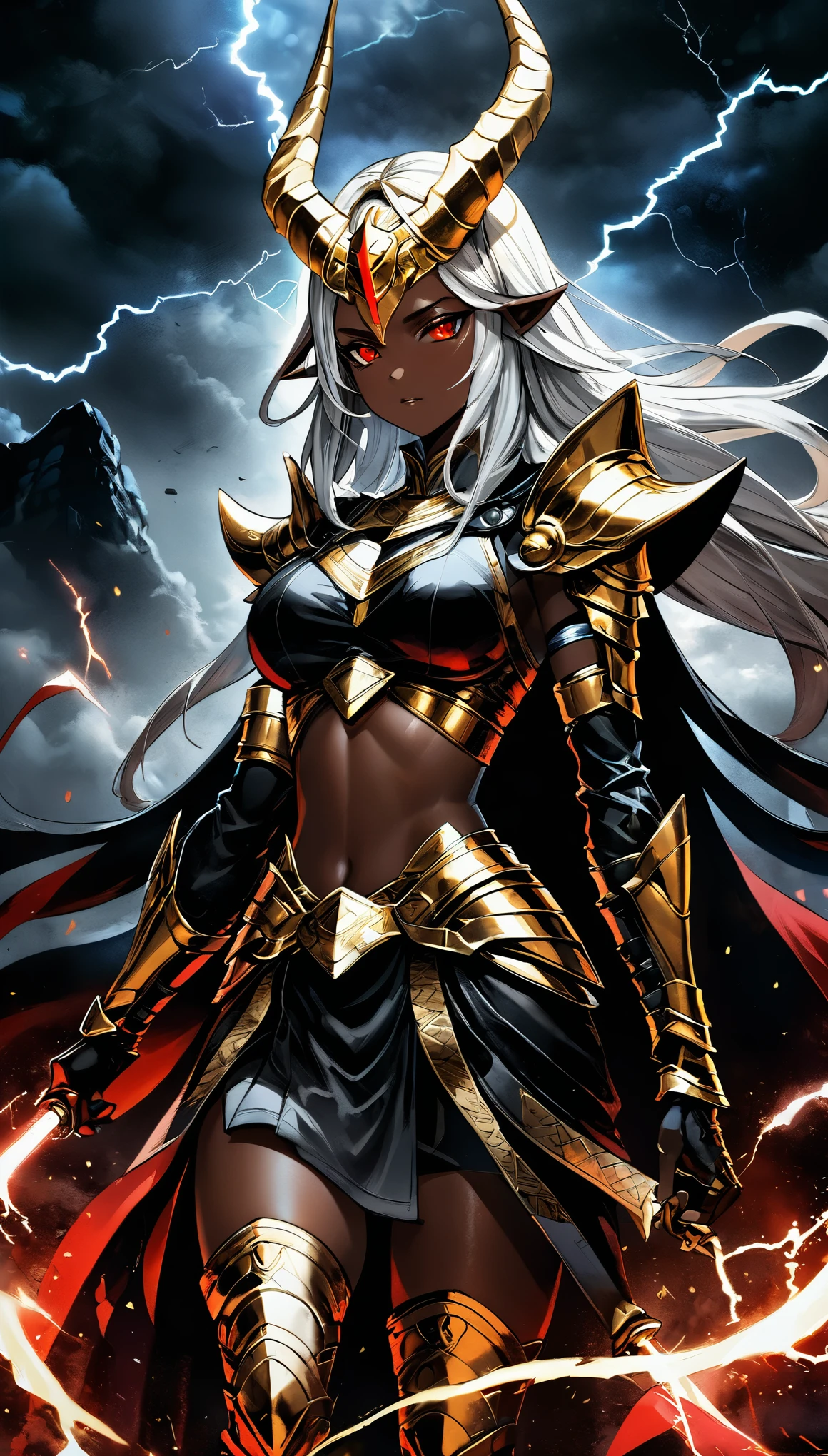 super fitness，There is a piece of digital art, This painting depicts a girl with a golden head and horns warrior, glowing red eyes，movie shot，Lightning Effects，，unfinished, incubation (texture)，black battlefield background，natural lighting，dark skin，dark atmosphere，Dragon Knight full body photo, Mysterious Anubis and Valkyrie, Super detailed fantasy characters, dragon portrait, black balance color, white and red，sleipnir&#39;photo, ghost of anubis, 4K details fantasy, Polaroid Counting Trends, zbrush competition champion, Draw using zbrush, ZBrush Central Competition Champion, warrior, (The whole body is covered with blood:1.2)，(insanely detailed and intricate, hypermaximalist, elegant, ornate, hyper realistic, super detailed:1.1)