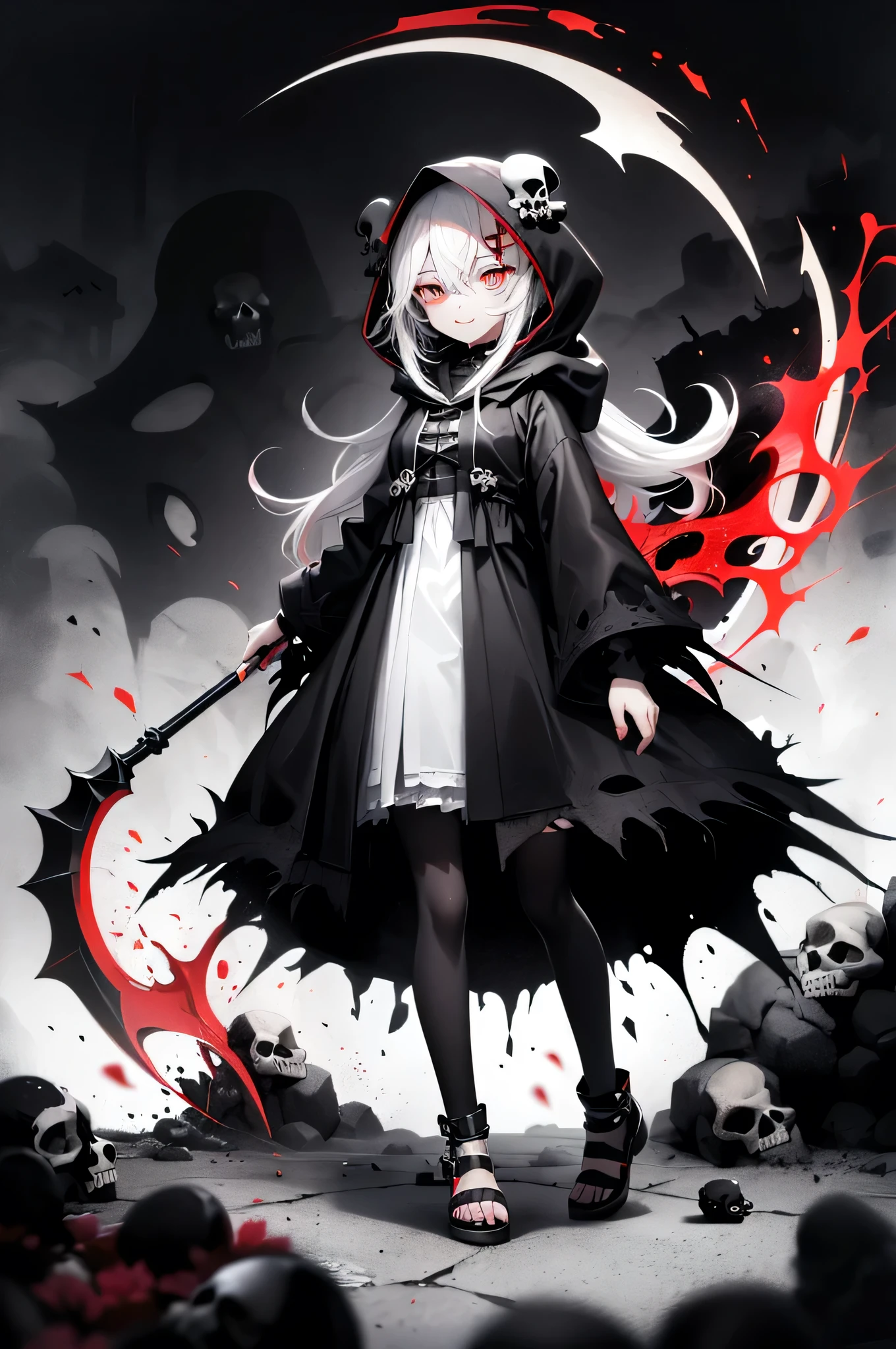solo,1female\(grim reaper,cute,kawaii,age of 15,hair color white,braid hair,messy hair,eye color bold red,big eyes,white skin,
big evil smile,enjoy,full body,wearing Grim Reaper's black Robe,(black hood),red lining, holding scythe,skip,flower hair ornament,white hair,(body transparent:0.8),
dynamic pose\),background\((black sky:1.5),(skulls:1.3),(withered flowers all over the ground),(red water)\), BREAK ,
quality\(8k,wallpaper of extremely detailed CG unit, masterpiece,high resolution,top-quality,top-quality real texture skin,hyper realisitic,increase the resolution,RAW photos,best qualtiy,highly detailed,the wallpaper\), red accents