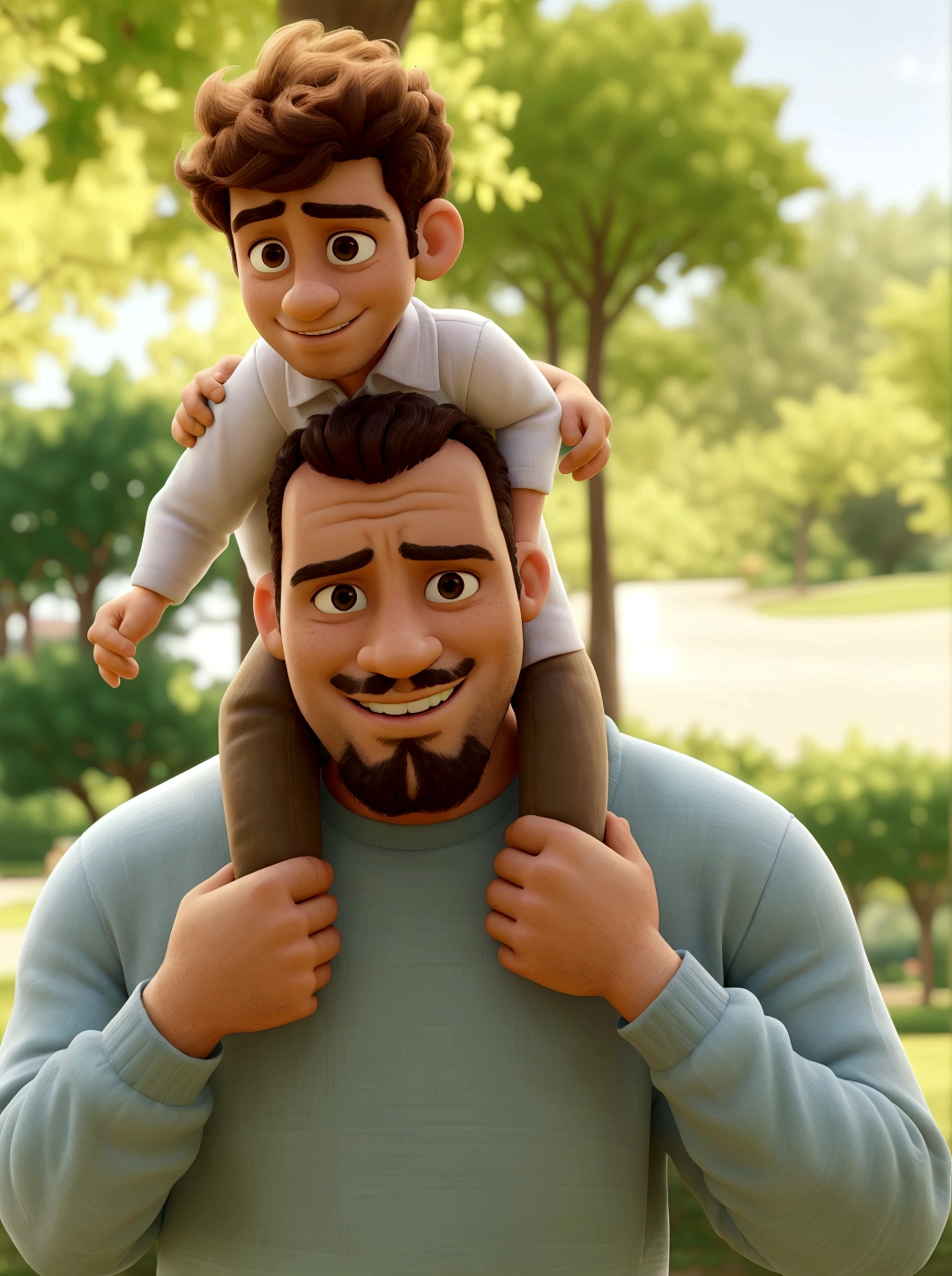 arafed man holding a on his shoulders in a park, father with , caring fatherly wide forehead, at the park, father, with a kid, daddy/fatherly, portrait image, mixed art, advertising photo, on a sunny day, beautiful man, bright sunny day, celebrating, at the park on a beautiful day