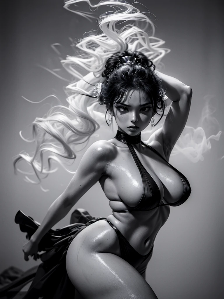 Surreal, a monochromatic work of art featuring a woman in a sensual and dramatic dance pose. She should be partially wrapped in rags that flow around her, emphasizing movement and grace. The background is black to emphasize her shape, and she is smoking, with smoke swirling artistically around her. Add a striking contrast with dice and dominoes, some flying around and on display, to add a touch of color and intensity to the scene.