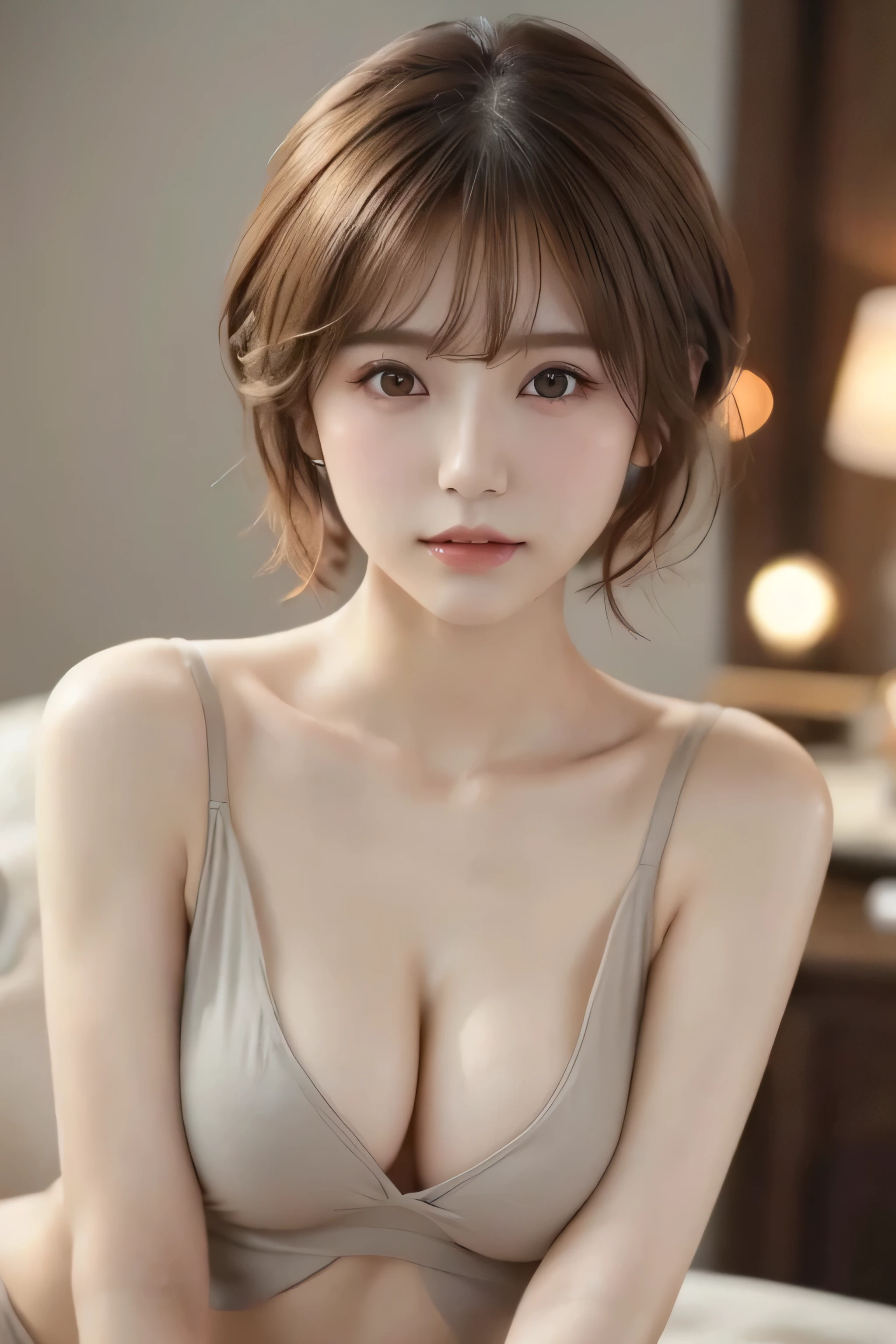 very small flat chest:1.2、(Showing small breasts:1.3)、Wearing makeup:1.3、Close-up of face:1.4、(((looking at the camera:1.4)))、{{masterpiece}}, {{highest quality}}, {{Very detailed}}, {{Small breasts}}, Cinematic Lighting,Beautiful and delicate shine, Dynamic Angle, Depth of written border, Light_leak, wonderful, Fine details, 4K, 8k,Japanese Idols, Brown hair short cut:1.3、, The background is a single grey color:1.3、, Dreamy look, Bright and warm tones, {Sexy pose}, (Large Breasts:1.5), (Slim Body:1.5),
