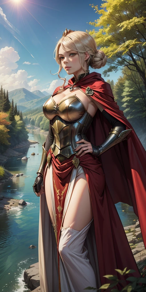 (masterpiece, best quality) 1girlsolo (the empress:1.15) (red cape) curtain, armored dress, queen dress, aurora (sunshine, sky, river, forest)