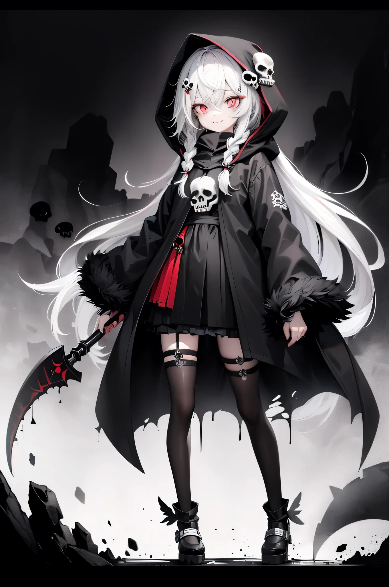 solo,1female\(grim reaper,cute,kawaii,age of 15,hair color white,braid hair,messy hair,eye color red,big eyes,white skin,
big evil smile,enjoy,full body,wearing Grim Reaper's black Robe,(black hood),holding scythe,skip,flower hair ornament,white hair,(body transparent:0.8),
dynamic pose\),background\((black sky:1.5),(skulls:1.3),(withered flowers all over the ground),(red water)\), BREAK ,
quality\(8k,wallpaper of extremely detailed CG unit, ​masterpiece,high resolution,top-quality,top-quality real texture skin,hyper realisitic,increase the resolution,RAW photos,best qualtiy,highly detailed,the wallpaper\)