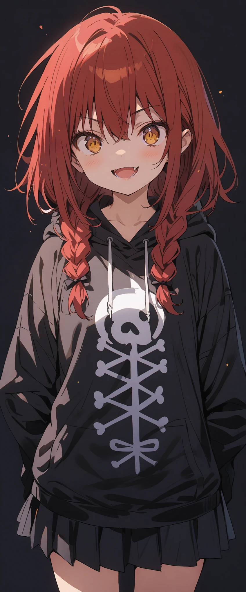 Solid white background、white background、Blank background、Ultra-high resolution, highest quality,Solo,just standing girl, One young girl、Full body view from the front、fish-bone braid hair、Fishbone Hair、red hair、arms behind back、Put your hands behind your back、Hide your hands、beautiful detailed eyes、Red hair x yellow eyes、yellow eyes、Serious expression、 Smile with mouth wide open、plain black hoodie、Black pleated skirt、barefoot