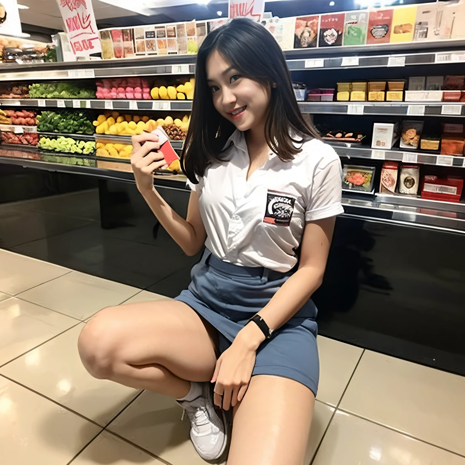 (Young beautiful woman)、(Spread your legs wide)、(Wearing a hooting from below)、Peeking up a skirt and taking a photo、Blushing, Blushing、Staring at the camera、Food section of a supermarket