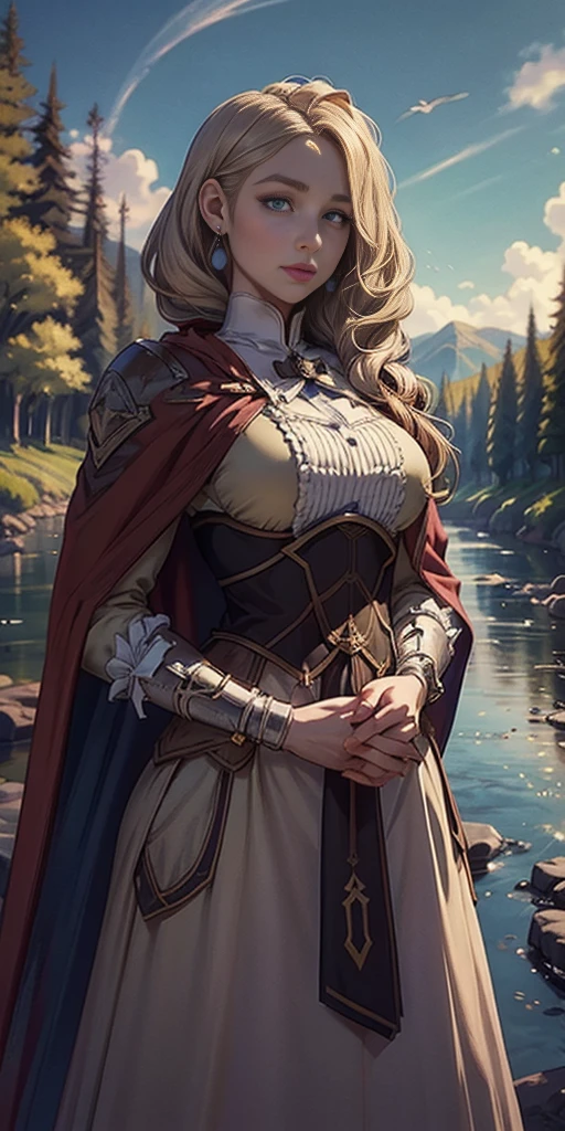 (masterpiece, best quality) 1girlsolo (the empress:1.15) (red cape) curtain, armored dress, queen dress, aurora (sunshine, sky, river, forest)