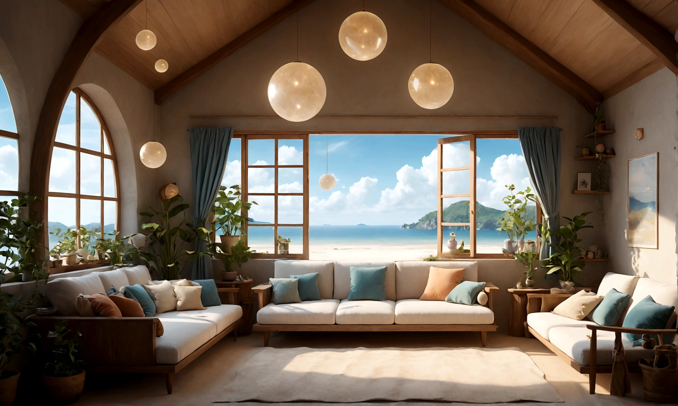 midnight、Living room on the second floor of a fantasy seaside house、Fantasy retro modern furniture、Handmade cushions on the sofa、Soft and warm lighting、Herbs are displayed on the windowsill、There is a window with a view of the sea and the sky.、There is no one around, and the white sand beach and the beautiful sea and sky、There are no other buildings and it is quiet.。It's stylish and has a fantasy feel.、Fairy dust floating in the air、Mysterious spheres of light flying around、The overall atmosphere is dreamy and tranquil.。Different world、Different dimension、Very realistic、Realistic、Surreal、masterpiece、highest quality、High resolution、8K、3D Rendering、Depth of written boundary