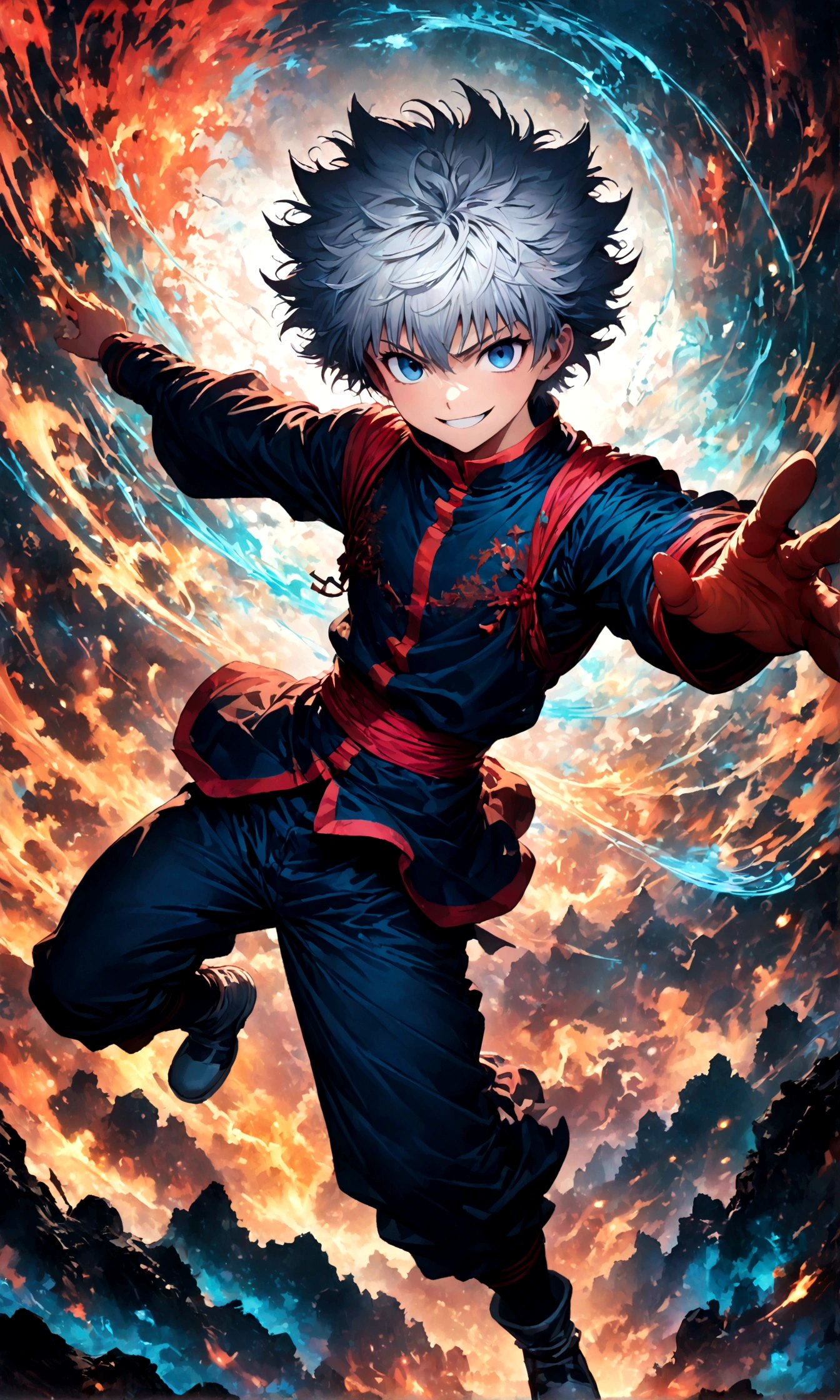 1 ager,Killua,Hunter x Hunter,Killuaの衣装,Yo-yo,Midori Ishida's painting style,Intricate details,Use black and white as your main colors,Decadent,artwork,rendering,Dynamic pose,(masterpiece:1.3),(highest quality:1.4),(Super detailed:1.5),High resolution,Very detailed,unity 8k wallpaper,Dark fantasy,Brush strokes,Glare,Fighting Style,Crazy Smile