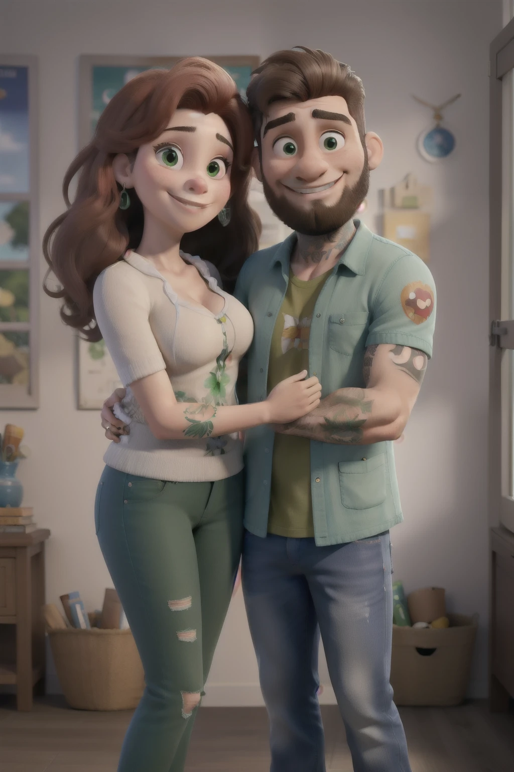 Obra de arte, melhor qualidade, Um casal de namorados, uma nova (28 anos), gordinha, ruiva, tattooed on arms, with green eyes and is an art teacher. Um menino novo (30 anos) gordinho, with tattoos on arms, olhos castanhos, barba no rosto, cabelos e barbas castanhas. Um casal sorridente