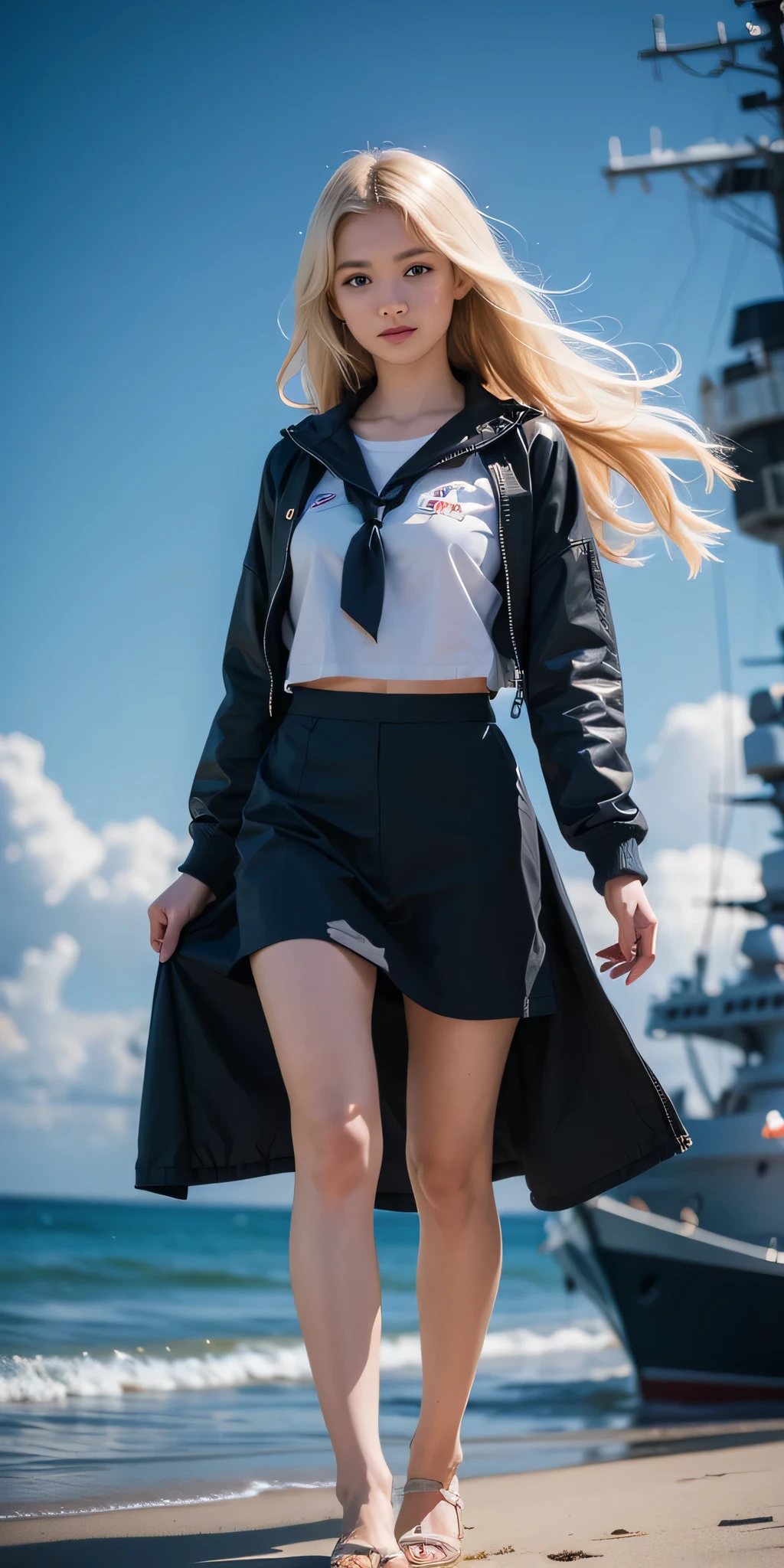 {{masterpiece, best quality, extremely detailed CG, unity 8k wallpaper, cinematic lighting, }}, Sony α7, wide frame, South Pacific, during war with Asian powers, wind blowing on Aegis ship, 1 Girl, Full Body, smile, she is a US Navy sailor, Caucasian, 20 Years Old, Smile, Blonde Hair, Short Bob, blue eyes , long eyelashes ,