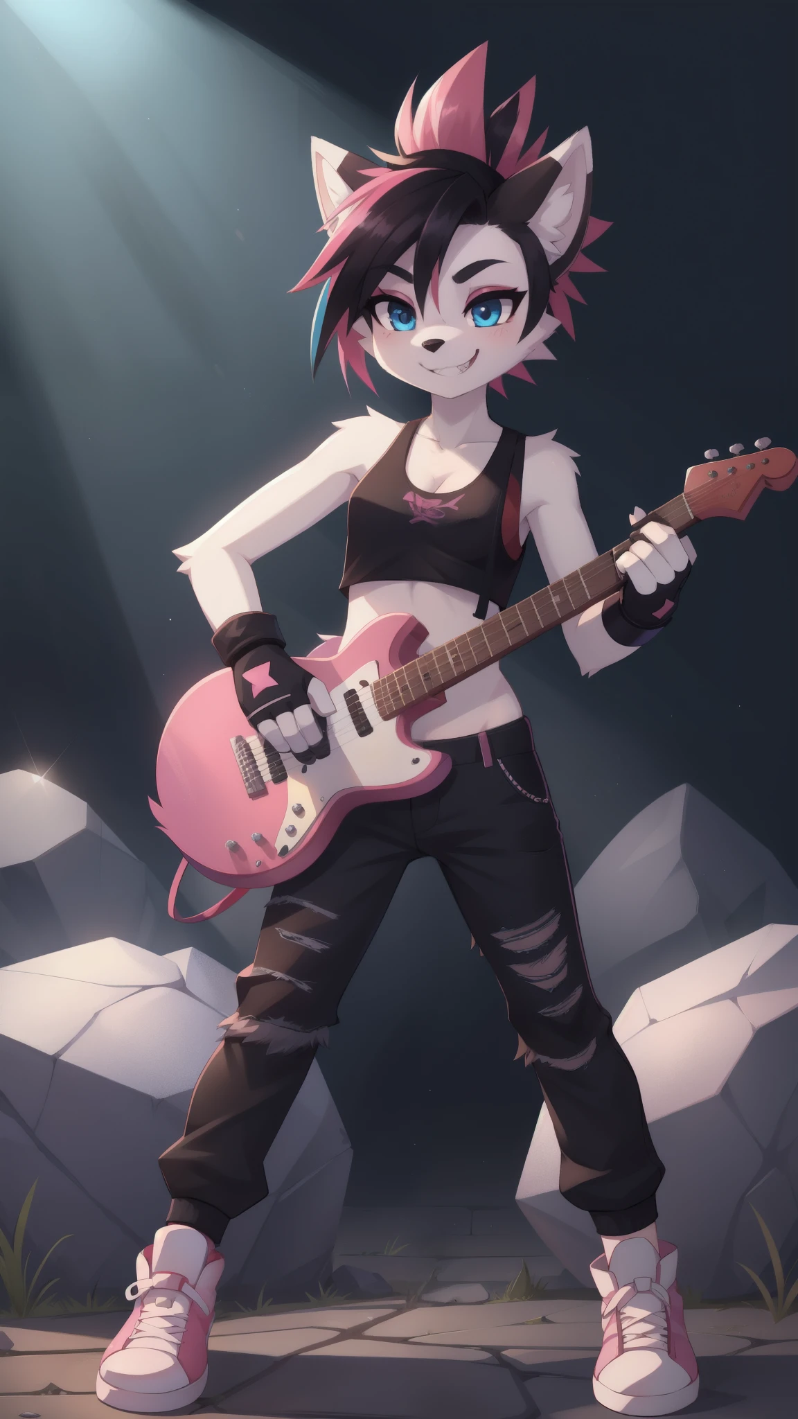 furry girl, dog, multicolored hair, pink hair, black hair, mohawk, makeup, black eyeshadows, blue eyes, ((fingerless gloves, tank top, midriff, pants, shoes)), instrument, guitar, electric guitar, narrowed eyes, detailed body fur, detailed face, detailed eyes, glistering body, shiny body, gorgeous body, skinny, solo, :3, white body fur, sharp teeths, smilling, rock sign,