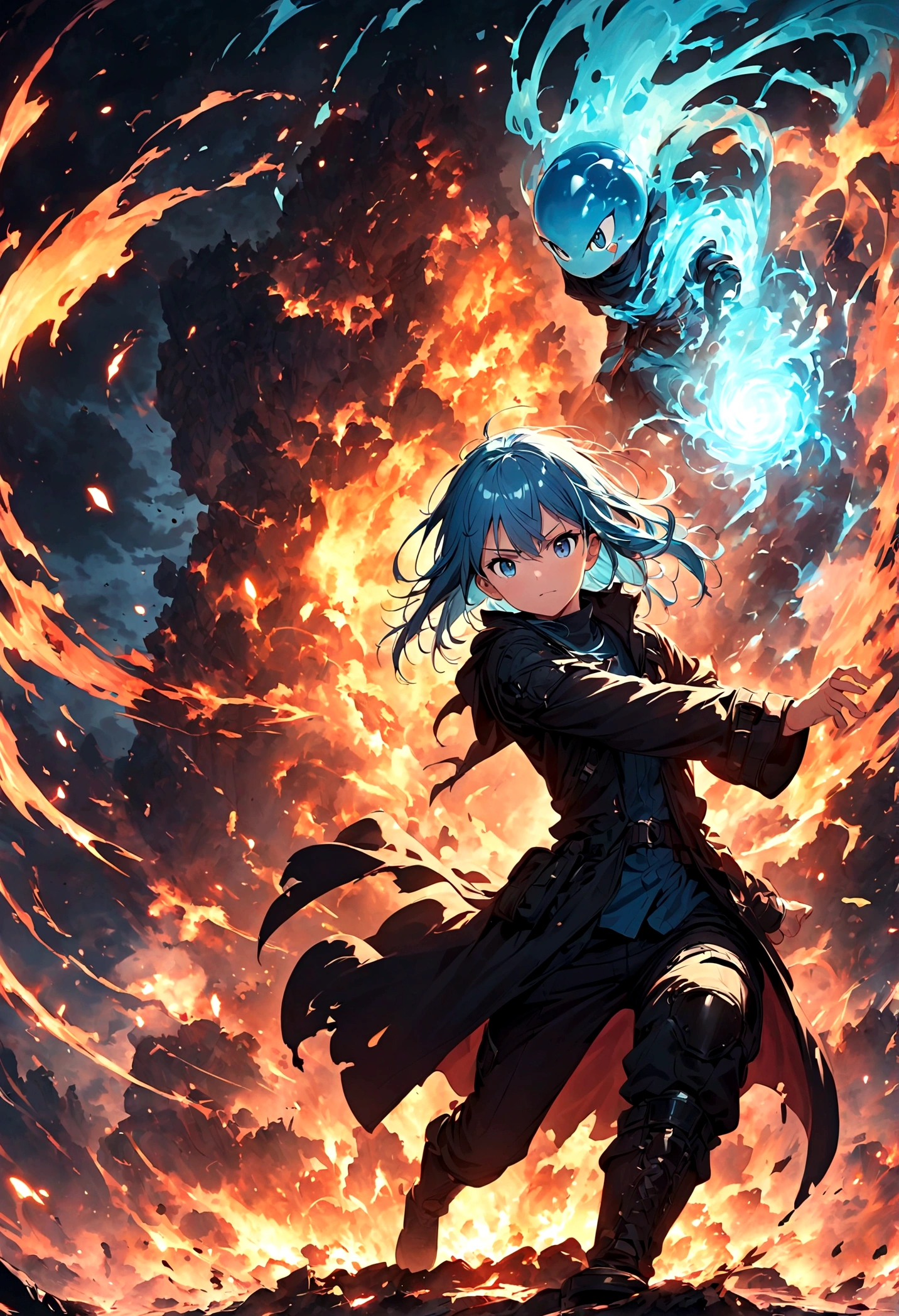 rimuru tempest,Create an action-packed battle scene featuring rimuru tempest from the manga and anime 'That Time I Got Reincarnated as a Slime'. Rimuru has blue hair and blue eyes, He wears stylish combat gear, such as a black coat and boots.. Capturing him in a dynamic fighting pose, You may cast powerful spells or face enemies., With a look of confidence and determination. The background depicts a magnificent battlefield from a fantasy world., Filled with magical effects and war-torn landscapes. Include intense special effects such as light explosions, Energy Wave, And the wind accentuates his magical powers. Highlighting his aura and shapeshifting abilities, Body parts that show slime form. The scene must convey the intensity and drama of an epic battle..