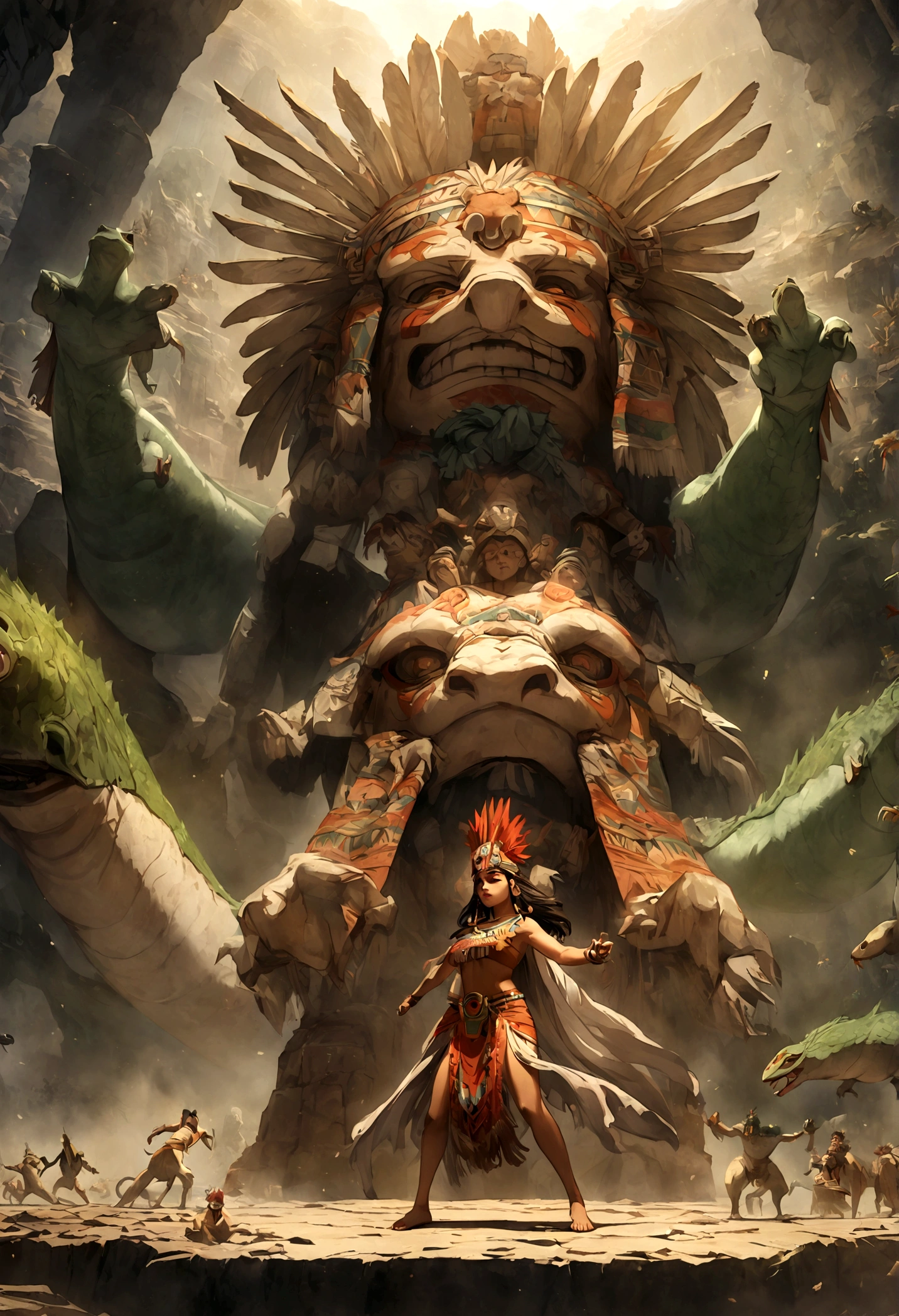 (((Lizard God))) best quality, very high resolution, 4K detailed CG, master piece, Aztec mythology, Salamander God, Xolotl, Mexico, Aztec clothing, Aztec city, ((standing pose)), aesthetic, Beautiful image, centered on screen, fighting
