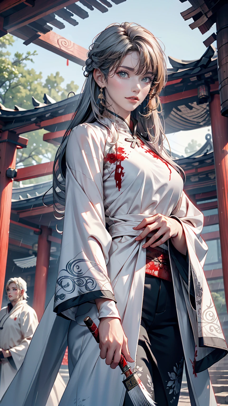 masterpiece, highest quality, night, Outdoor, rainy days, branch, Chinese style, ancient China, 1 female, Mature Woman, A woman with long silvery white hair, Gray Blue Eyes, Pale pink lips, cold, Severe, weak, bangs, Assassin, Short knife, White clothes, Black clothing pattern, Blood stains, Blood, Injury, Blood on the face, Blood on the clothes, rain, Beautiful Face, Beautiful Face,