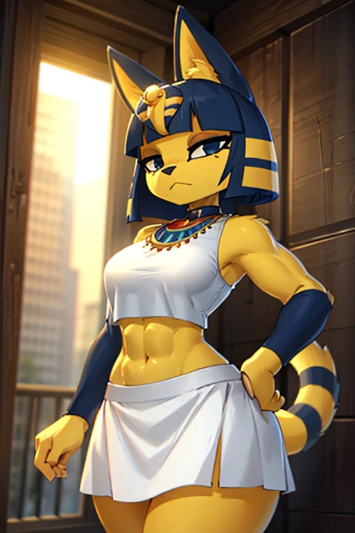 a digital sideview artwork of ankha with abs wearing a crop top of her white sleeveless dress with white long skirt, a bare midriff and a bare navel, trending on artstation, 4k, furry, anthro style