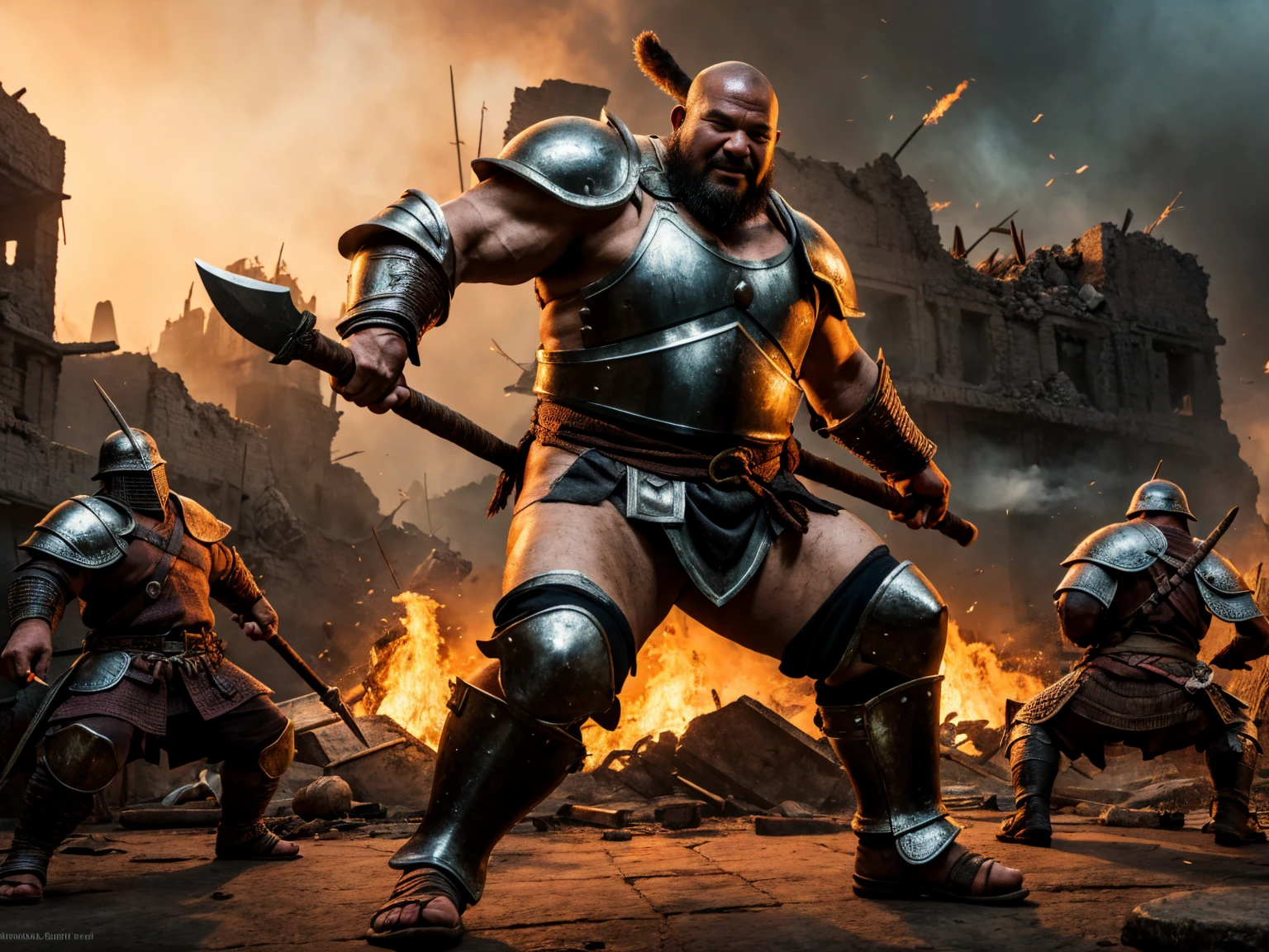 looking at me, Staring Intently, face focus, Bandit, a fat ferocious barbarian, This barbarian is a fat Japanese, smirking, mid combat, intense battle scene, leather and iron armor, armored short skirt, holding a Viking War Axes, legs exposed from thighs to feet, fierce warriors, ancient battlefields, epic showdown, battleground background, masterpiece, volumetric lighting, Dramatic, Uighur the Warden, breathtaking action, dynamic poses, bald, ((ultra sharp)), ((masterpiece)), ((best quality)), ((ultra detailed)), ((intricate details)), Inguinal region detailed, Dilapidated, breathtaking action, destroyed city after big air raids, fire, smoke, A brutal scene, 