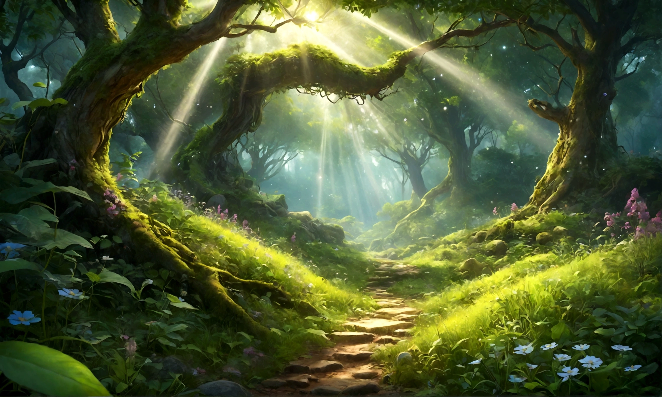 Mysterious forest in early summer、Gentle sunlight through the trees、Fresh greenery、Fantastic plants、Lush forest leaves, grass and wildflowers、Delicious little fruit、Fairy dust floating in the air、Mysterious spheres of light flying around、The overall atmosphere is dreamy and tranquil.。Different world、Different dimension、Very realistic、Realistic、Surreal、masterpiece、highest quality、High resolution、8K、3D Rendering、Depth of written boundary、
