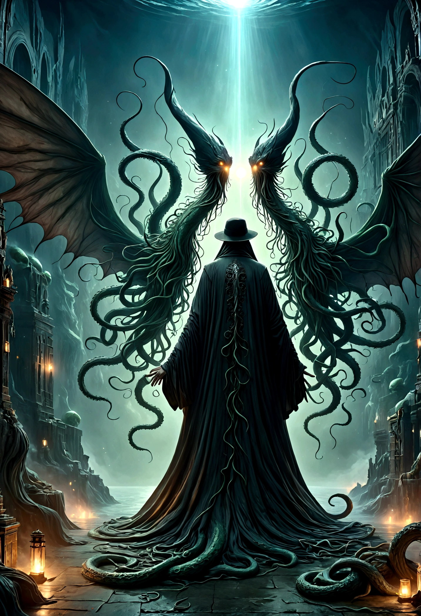 a terrifying ancient eldritch entity, cthulhu mythos, cosmic horror, long tentacles, wings, divine and demonic form, cloak, contrast, relativity, quantum mechanics, abyss, nightmarish existence, insane, bizarre, (best quality,4k,8k,highres,masterpiece:1.2),ultra-detailed,(realistic,photorealistic,photo-realistic:1.37),dark moody atmosphere, cinematic lighting, dramatic shadows, muted colors, chiaroscuro