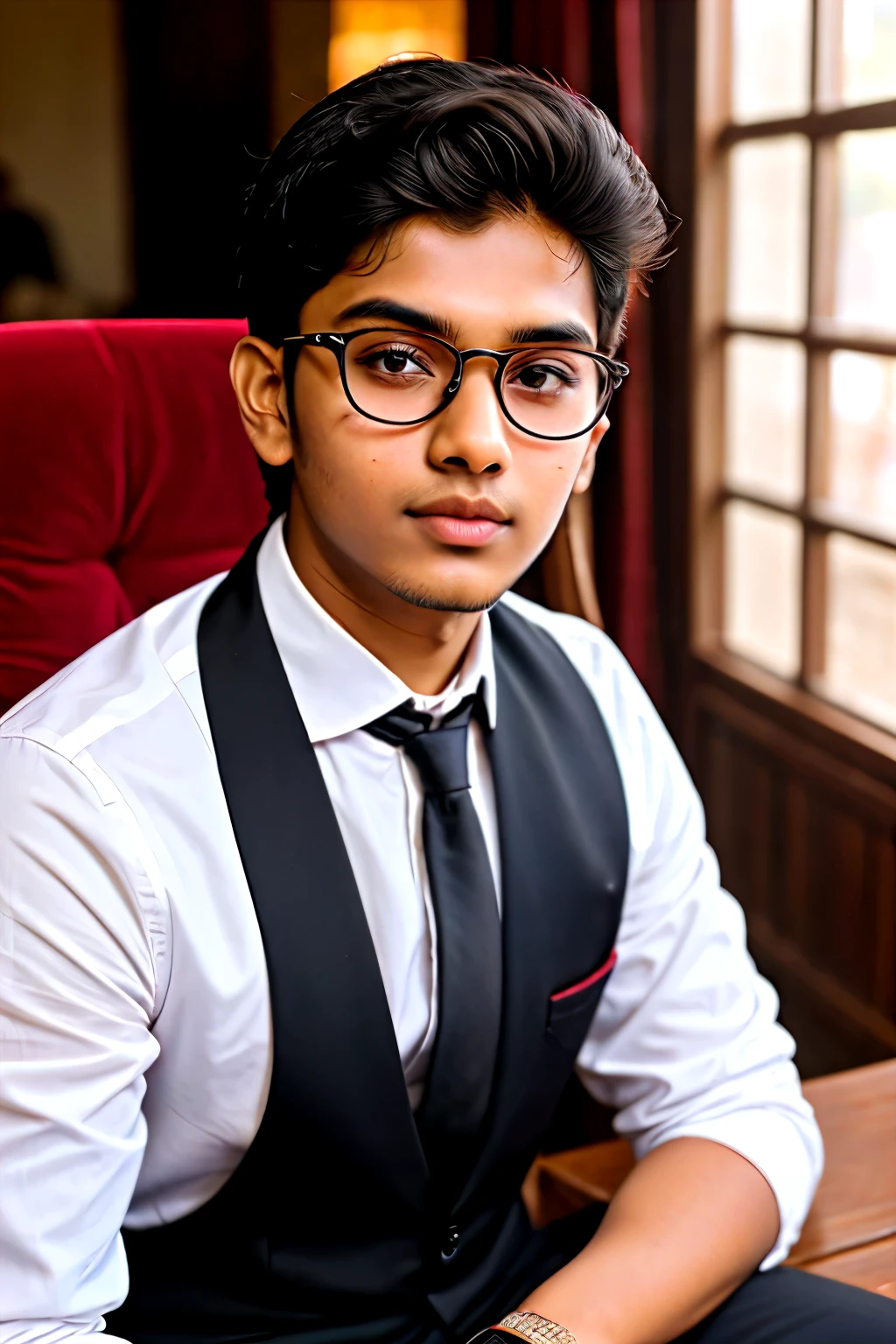 21 year old Indian boy with fair skin wearing spectacles and narrow body posing for linkedin pictures in formal
