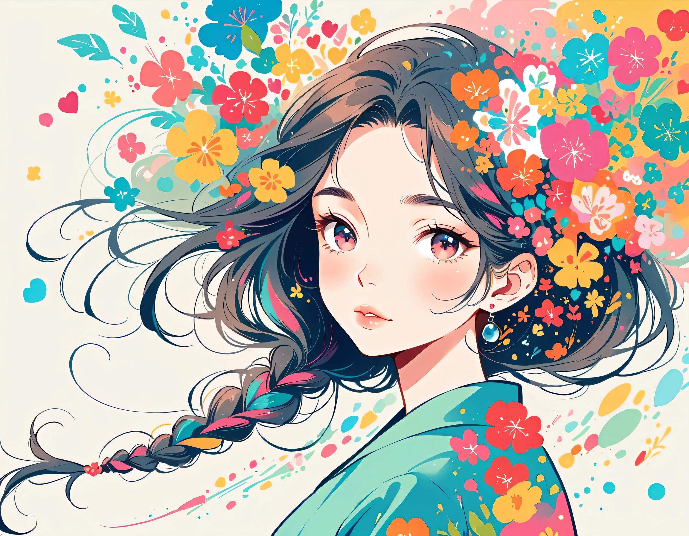 Takashi Murakami style、The most beautiful girl of all time、Lips in Love、Colorful flowers、Simple line initials、Abstract art、Urban Background, walking
