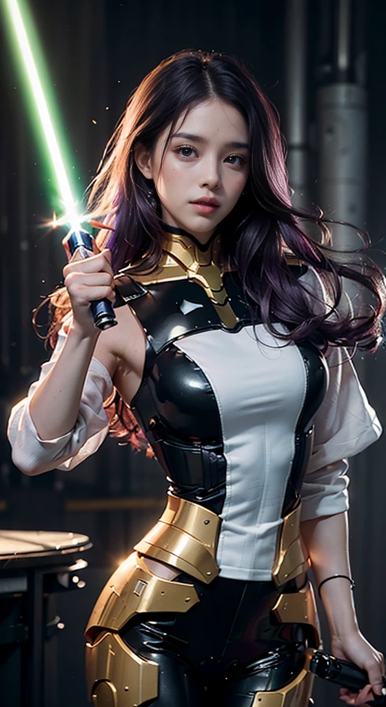 (reality: 1.4), (RAW Photos, highest quality), (reality的, Photorealistic photography: 1.3), highest quality, Very detailed, masterpiece, Hyper Detail, figure, 1 girl, Made as a human, smile, purple Hair, purple Clothes, purple, ((White lightsaber in hand, Lightsaber Dance)), upper_body, Dynamic Angle, World Mastery Theatre, long hair flying, Fluorescent Centred, Dynamic fire background, highest quality, ((Very detailed CG ユニフォーム 8k 壁紙)), ink, wonderful, Cinema Lighting, lens_Flare, wuxia_style、"((超reality的)) cyborg, It looks like an empty mountain, ((Mecha Gold Body)), ((Translucent glass limbs)), Mechanic&#39;s outfit, ((Girl with bad attitude)), Dynamic Lighting, Complex reflections, ((Edgy cyberpunk vibe)).((Brandishing a white lightsaber）、（Big eyes、Well-formed face）smile,"masterpiece, highest quality, 1 Girl, Full body portrait, Sensual pose, eyes, Multicolored Hair,Sculpted legs and seductive curves, ,Medium milk beautiful milk, Beautiful Face,