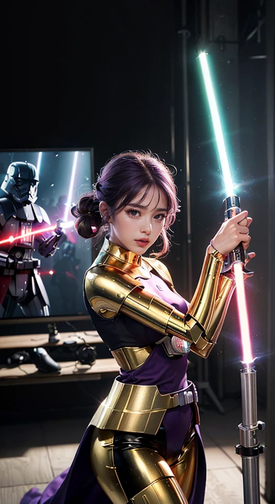 (reality: 1.4), (RAW Photos, highest quality), (reality的, Photorealistic photography: 1.3), highest quality, Very detailed, masterpiece, Hyper Detail, figure, 1 girl, Made as a human, smile, purple Hair, purple Clothes, purple, ((White lightsaber in hand, Lightsaber Dance)), upper_body, Dynamic Angle, World Mastery Theatre, long hair flying, Fluorescent Centred, Dynamic fire background, highest quality, ((Very detailed CG ユニフォーム 8k 壁紙)), ink, wonderful, Cinema Lighting, lens_Flare, wuxia_style、"((超reality的)) cyborg, It looks like an empty mountain, ((Mecha Gold Body)), ((Translucent glass limbs)), Mechanic&#39;s outfit, ((Girl with bad attitude)), Dynamic Lighting, Complex reflections, ((Edgy cyberpunk vibe)).((Brandishing a white lightsaber）、（Big eyes、Well-formed face）smile,"masterpiece, highest quality, 1 Girl, Full body portrait, Sensual pose, eyes, Multicolored Hair,Sculpted legs and seductive curves, ,Medium milk beautiful milk, Beautiful Face,