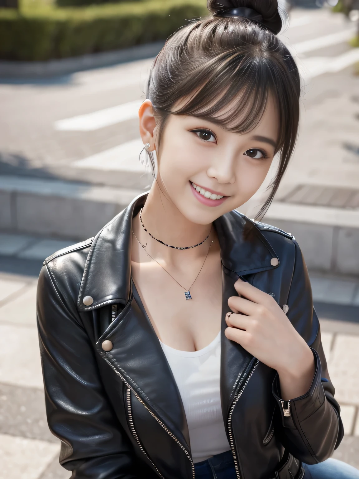Ultra-high resolution, Superior Quality, highest quality, Very detailed, Realistic, 8k, RAW Photos, highest quality, masterpiece, Attractive girl, Awesome girl, Black Hair、Hairstyle bun、Japanese Idols, Sophisticated, stylish, leather jacket、shirt、smile、Beautiful teeth alignment、ear piercing、Necklace around the neck、
