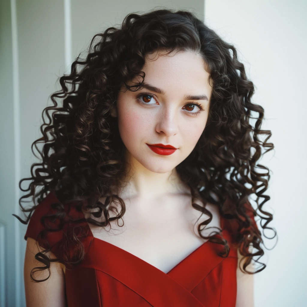 [white-skinned woman:1.2, long curly hair:1.2, elegant red dress, snub-nosed, bright brown eyes], portrait, VSCO filter: C8)