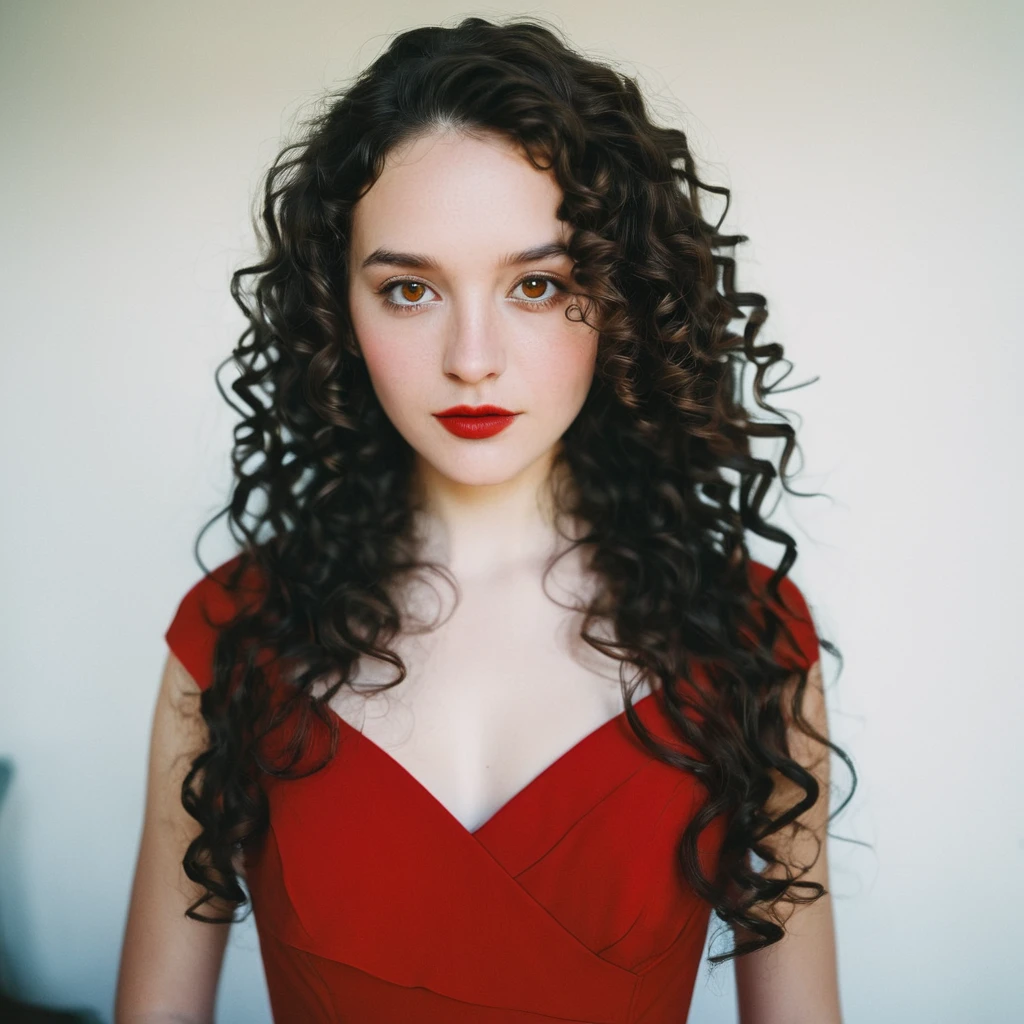 [white-skinned woman:1.2, long curly hair:1.2, elegant red dress, snub-nosed, bright brown eyes], portrait, VSCO filter: C8)