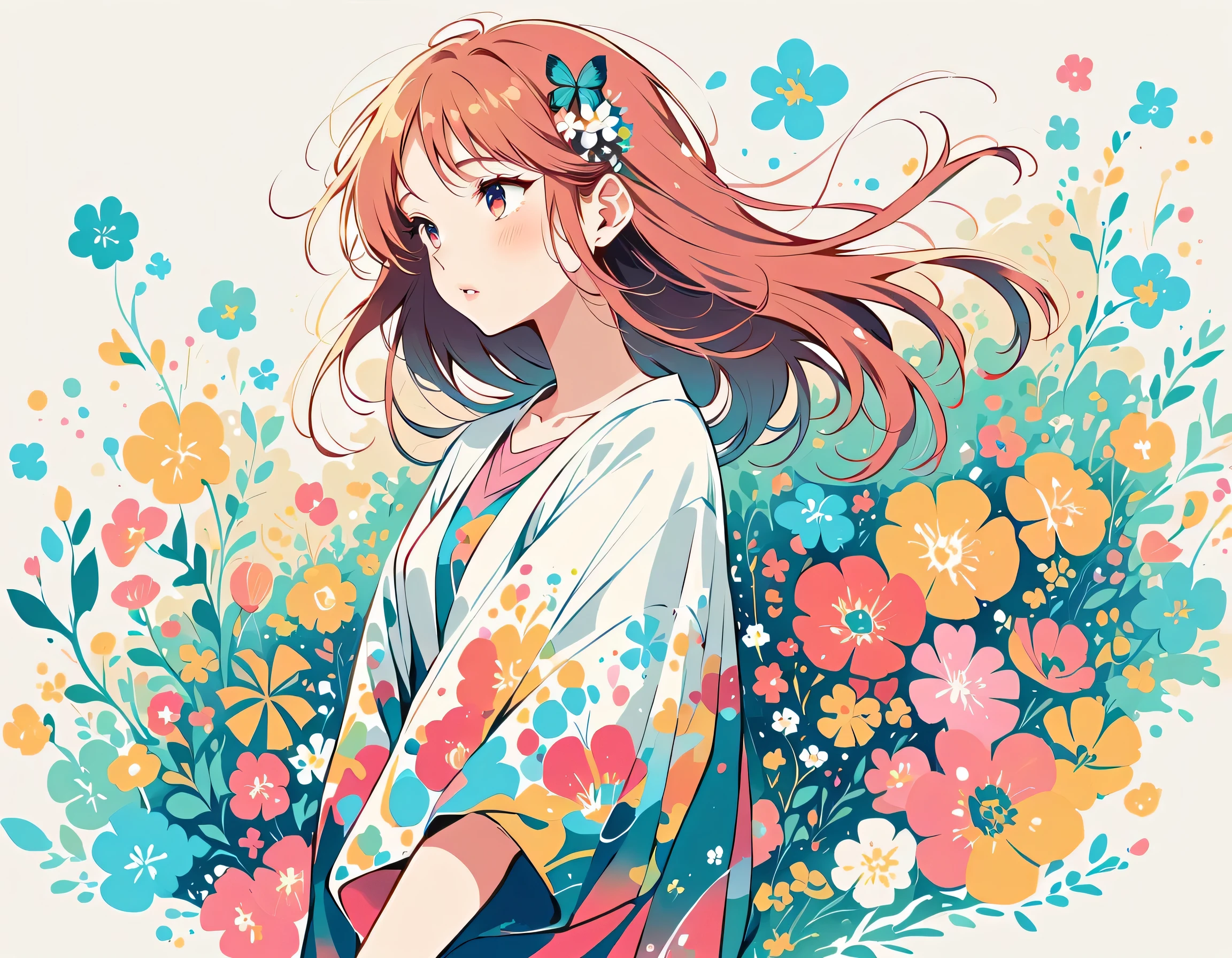 Takashi Murakami style、The most beautiful girl of all time、Lips in Love、Colorful flowers、Simple line initials、Abstract art、Urban Background, walking