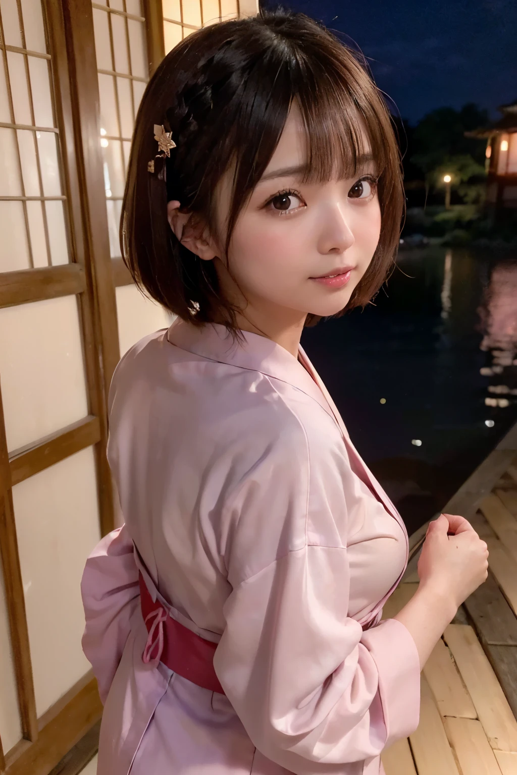 ((Evening, Outside, Sunset Glow:1.5,
(Framing Photo, through Widely Spaced Lattice Doors for Foreground Bokeh Area:1.0), Japanese Castle Town:2.0, Japanese Castle:1.5, Japanese Palace:1.5, Japanese Shrine, Japanese Partitioned Tenement Houses, Hanabi:1.5)),
Light, Bokeh,
(Looking Up to the Sky:1.0, Looking Back Viewer, from Back:1.0, Full Body),
(Short Bob Cut:1.2, Japanese, 20-year-old girl:1.2, Brown Hair, Messy Hair, Embarrassed, Blush, Very white skin, Beautiful Nape:1.2, Open Mouse Slightly:1.2, Wide-Set Eyes, Japanese Light Purple Yukata:1.2),
(highest quality, masterpiece, Ultra-high resolution, 8K, RAW Photos, Realistic, Anatomically correct:1.5)