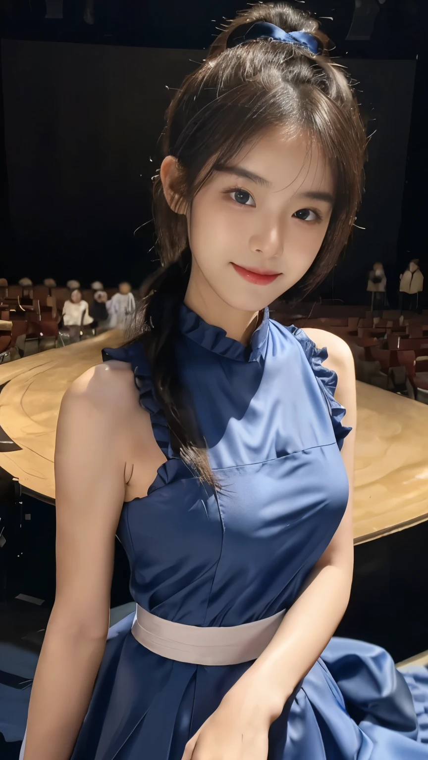 not showing your feet,stand on stage and sing,Blue long dress with plenty of ruffles,a woman,table top, Best image quality, high quality, the background is clear,Beautiful woman, Japanese, detailed, detailed eyes, detailed skin, beautiful skin, 超highest resolution, (reality: 1.4),very beautiful woman, a younger face, beautiful skin, slim, (Ultra photo realism), (highest resolution), (8K), (매우 detailed) (beautiful and delicate eyes), (매우 detailed), (detailed face), View viewer, fine details, detailed face, Looking straight ahead, Looking straight ahead, 사진 reality적인, bright lights, professional lighting, black hair,ponytail,a baby face,fifteen years old,The hairstyle is a ponytail,긴 ponytail 헤어스타일,a little smile,Neat and neat clothes,Beautiful Japanese KPOP idol photo, 헤어스타일은 ponytail, My eyes got twice as big, baby face, Smile and look straight ahead, slim, ,close up of face,blue ribbon in hair,