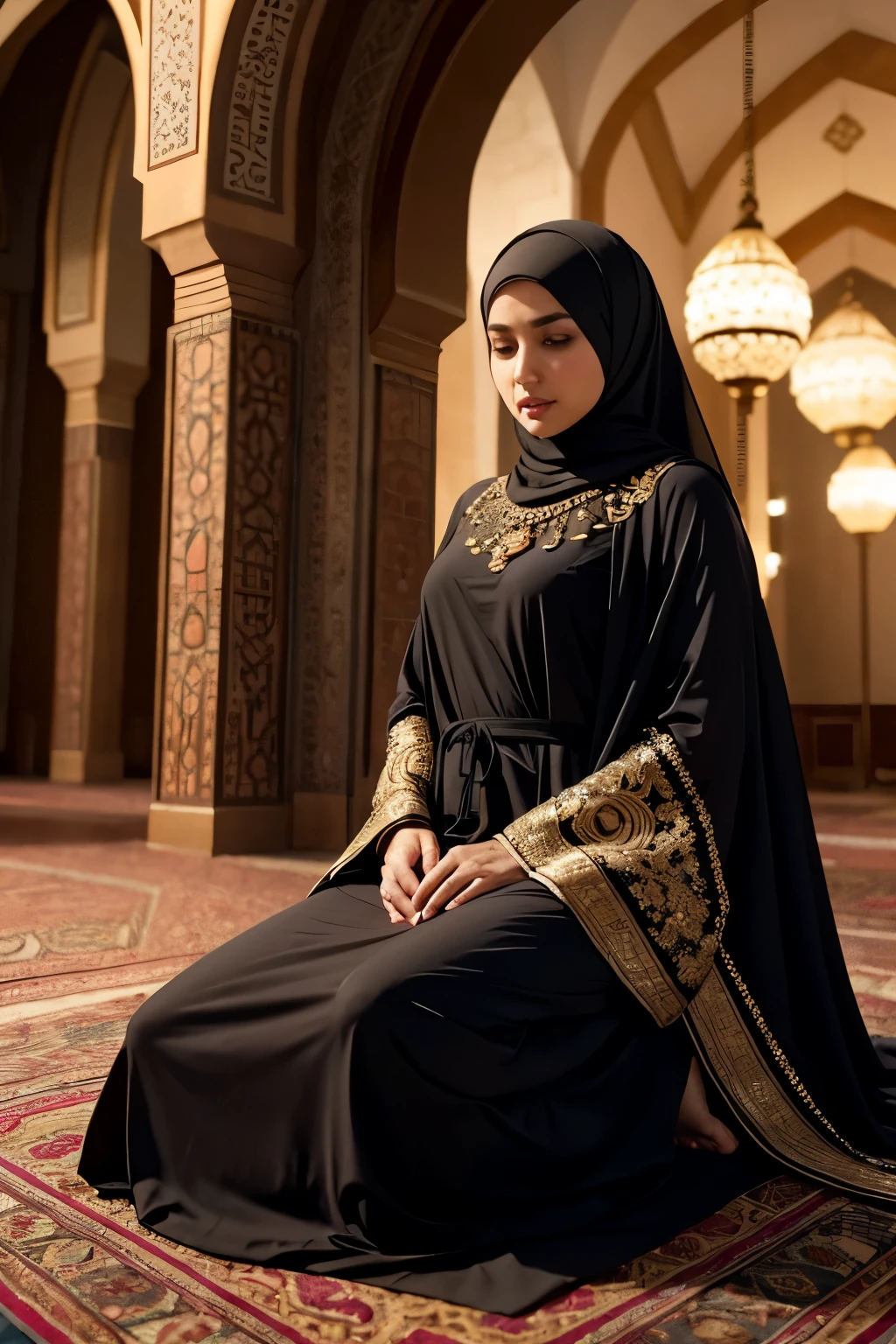 Muslim Woman, 30 year old, modest outfit, prayer time, majestic mosque, tranquil atmosphere, detailed body, detailed face, radiant skin, elegant, ultra realistic, charming, respectful, hijab, full-length abaya, flowing fabric, intricate patterns, embroidery, prayer mat, rosary beads, holy Quran, prayer position, delicate hand movements, captivating eyes, serene expression, soft smile, halal accessories, ambient lighting, dimly lit, shadow, 8k
Muslim Woman, 30 year old, modern outfit, busy city, high-tech mosque, vibrant atmosphere, detailed body, detailed face,