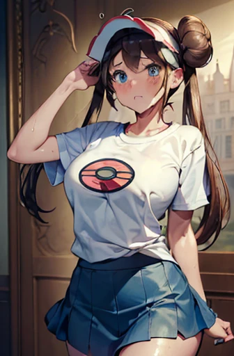 ((masterpiece:1.4)), ((最high quality:1.4)), ((masterpiece)), ((最high quality)), ((Intricate and detailed:1.4)), ((Super detailed)), 11-year-old female, Perfect body, Perfect clear skin, Surreal, Hyperrealism, Realistic, 超high quality, masterpiece, high quality, beautiful, Sexy Face, (Big eyes:1.3), beautiful目, Hyper Detail, Super detailedな目, cute, Tone it down a bit, fit, Sexy waist, Sexy Hips, Perfect Legs, Thigh Gap, To the camera, Rosa(Pokemon), 1 girl, alone,Double good, Hair Bun, Twin tails,Visor Cap,T-Shirts,(((T-Shirtsに乳首が透ける))),((T-Shirtsに汗)),(Clothes are wet with water),((Long nipples)),(((skirt))), Brown Hair, blush, (体にfitした衣装、Tight outfit),indoor,((Against the backdrop of a medieval aristocratic mansion,playful nature:1.4))(Blurred Background:1.2), Detailed Background,(((Lots of sweat))),