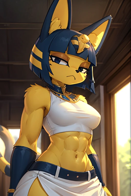 a digital sideview artwork of ankha with abs wearing a crop top of her white sleeveless dress with white long skirt, a bare midriff and a bare navel, trending on artstation, 4k, furry, anthro style