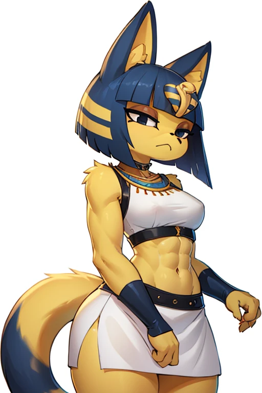 a digital sideview artwork of ankha with abs wearing a crop top of her white sleeveless dress with white long skirt, a bare midriff and a bare navel, trending on artstation, 4k, furry, anthro style