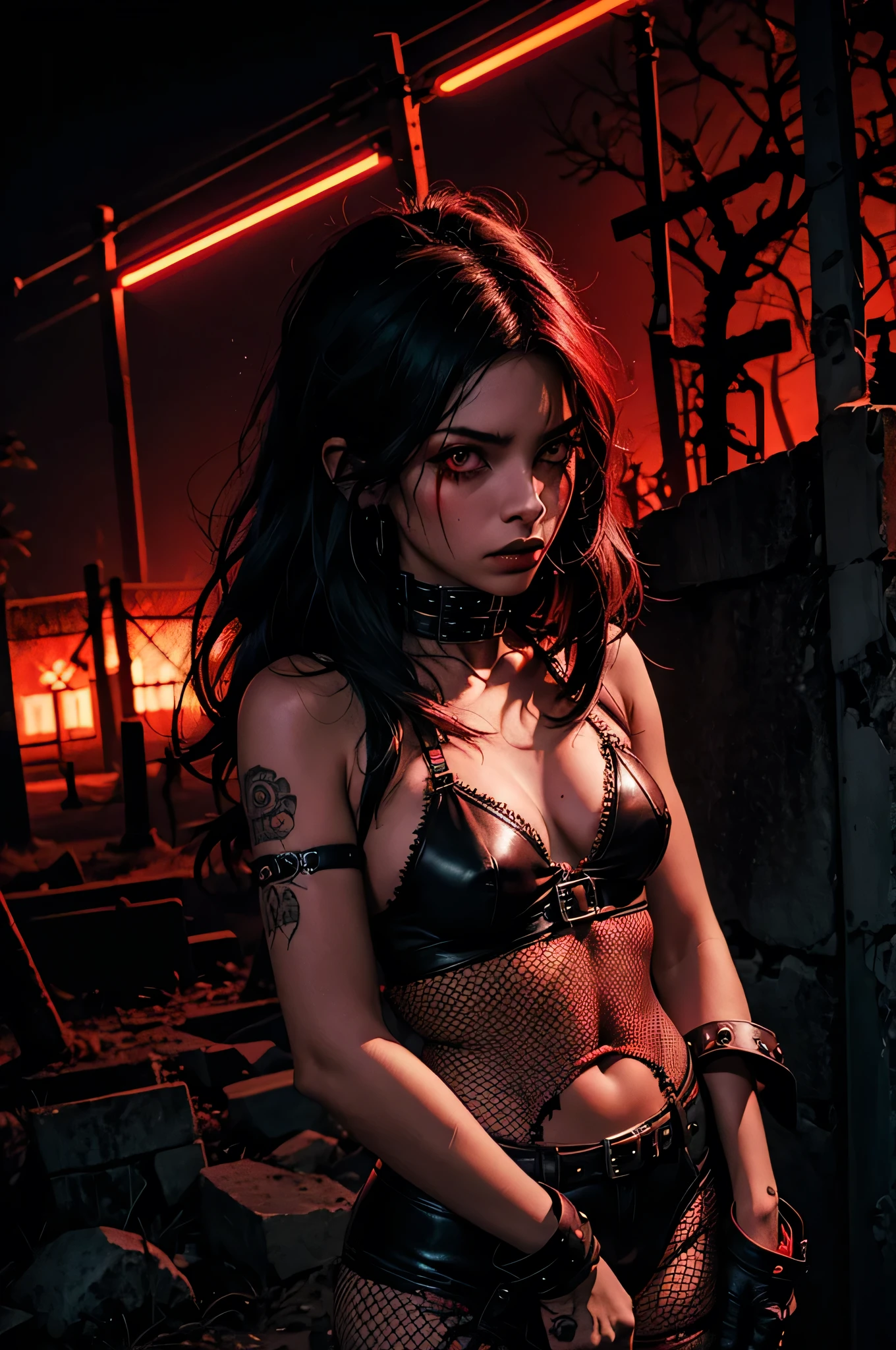 magra horror punk (cabelo moicano) in a graveyard, night, red neon lights
crooked graves, deserted, night,
fishnets, bondage straps.
shadows, desolate, sad
red light, red ray tracing, red glow