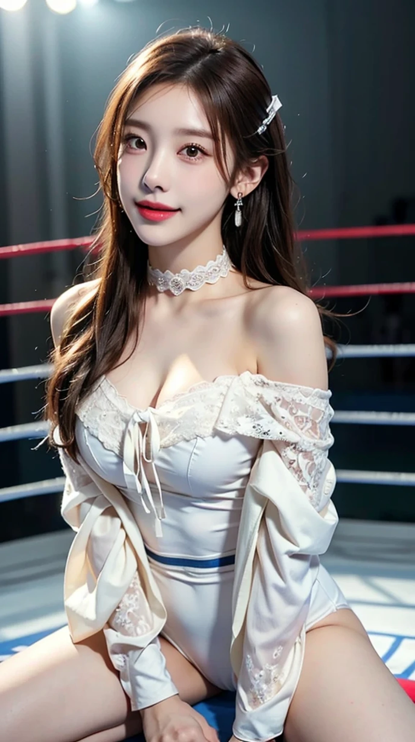 ((masterpiece: 1.4, best quality))+,(ultra detail)+, official art, unity 8k wallpaper, ultra detail, beautiful, high quality, Highlight your cute face,  masterpiece, best quality, (Above the brightly lit professional wrestling ring:1.5), Popular shoulder length hairstyles, (brown eyes, brown hair), bust, looking straight ahead, laugh, (Off-shoulder white high-leg one-piece swimsuit:1.4), (From head to thighs:1.5), (lace neck choker, jewelry earrings, hairpin with large ribbon:1.4), Nothing on your arms:1.5